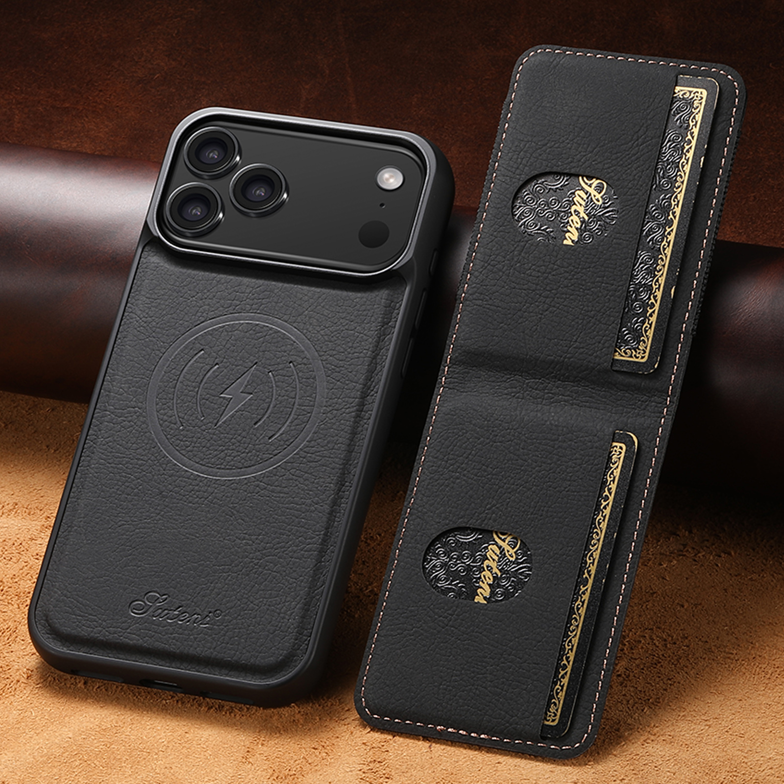 SUTENI H17LZ Magnet Wireless Charging Card Holder Stand Luxury Faux Leather Phone Case For iPhone 17 Pro Max 16 Plus 15 14 13 12
