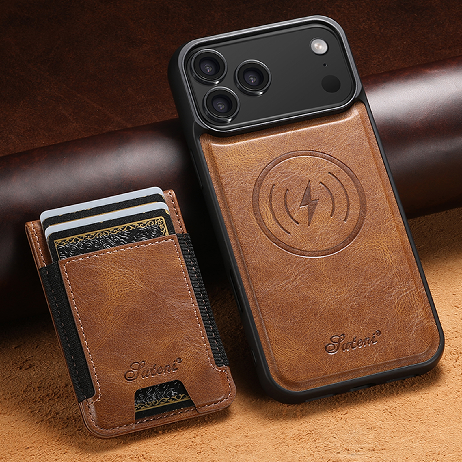 SUTENI H17YL Faux Leather Phone Case Wireless Charging Magnet Card Holder Stand For iPhone 17 Pro Max 16 Plus 15 14 13 12