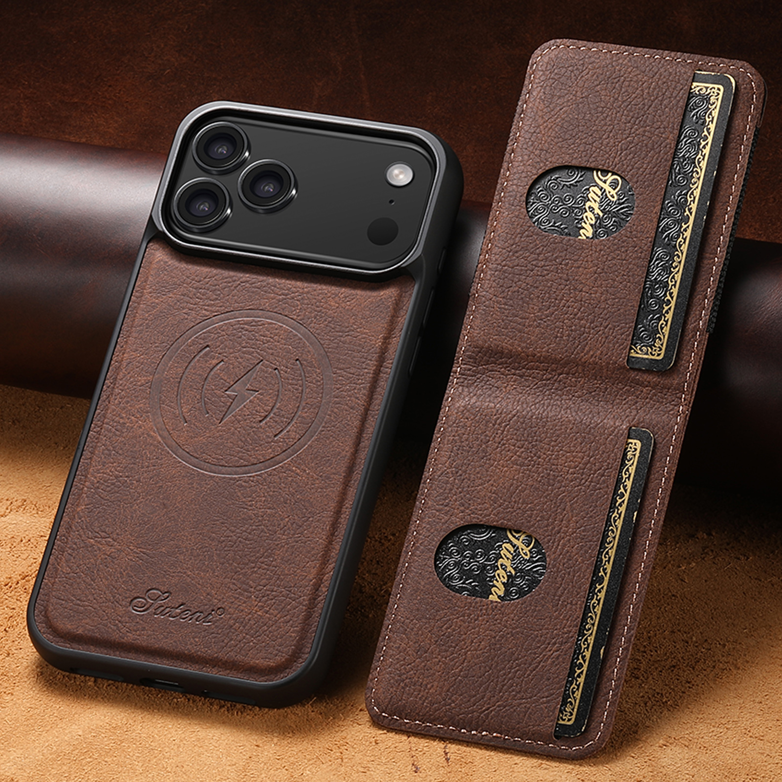 SUTENI H17LZ Magnet Wireless Charging Card Holder Stand Luxury Faux Leather Phone Case For iPhone 17 Pro Max 16 Plus 15 14 13 12