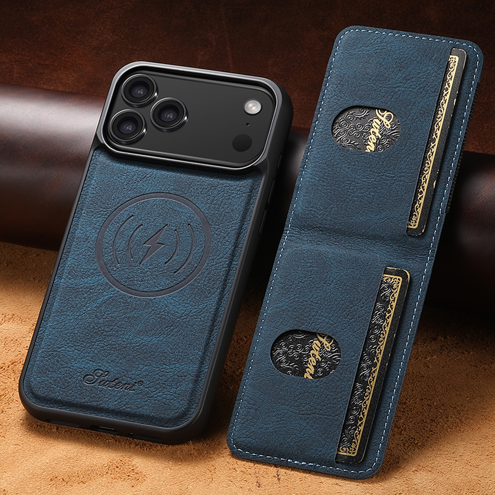 SUTENI H17LZ Magnet Wireless Charging Card Holder Stand Luxury Faux Leather Phone Case For iPhone 17 Pro Max 16 Plus 15 14 13 12