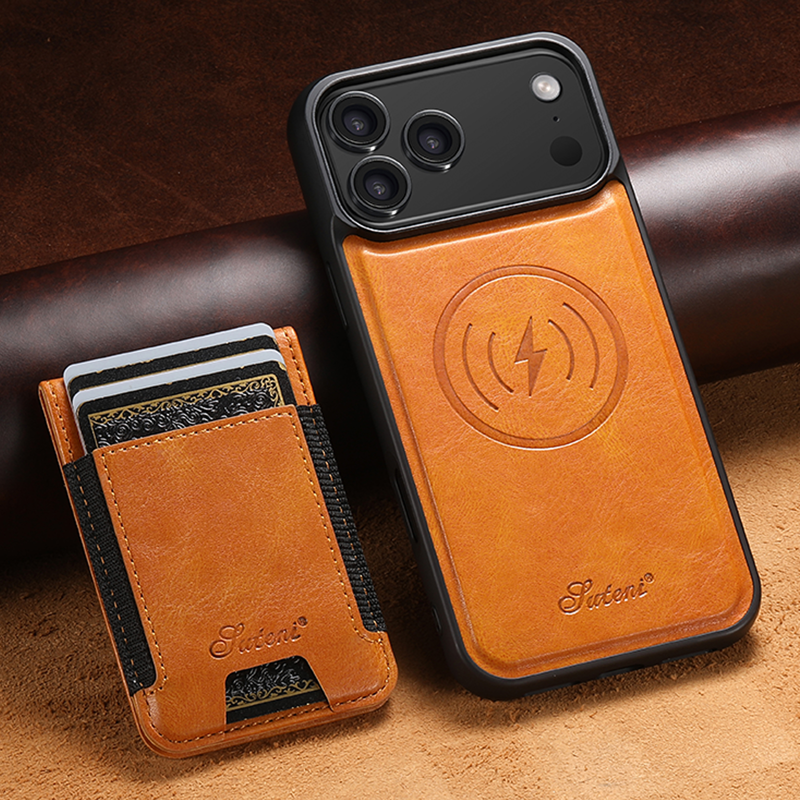 SUTENI H17YL Faux Leather Phone Case Wireless Charging Magnet Card Holder Stand For iPhone 17 Pro Max 16 Plus 15 14 13 12