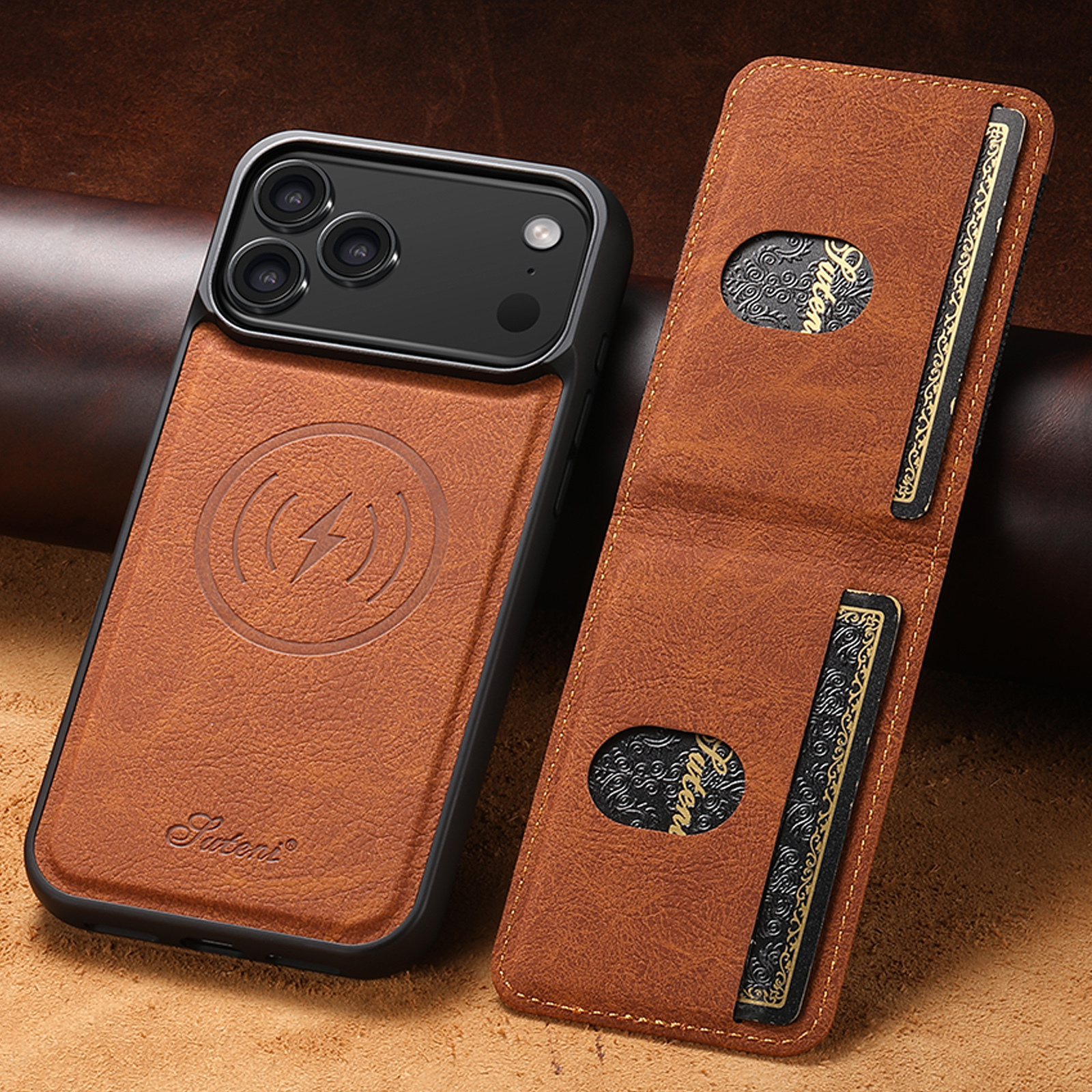 SUTENI H17LZ Magnet Wireless Charging Card Holder Stand Luxury Faux Leather Phone Case For iPhone 17 Pro Max 16 Plus 15 14 13 12