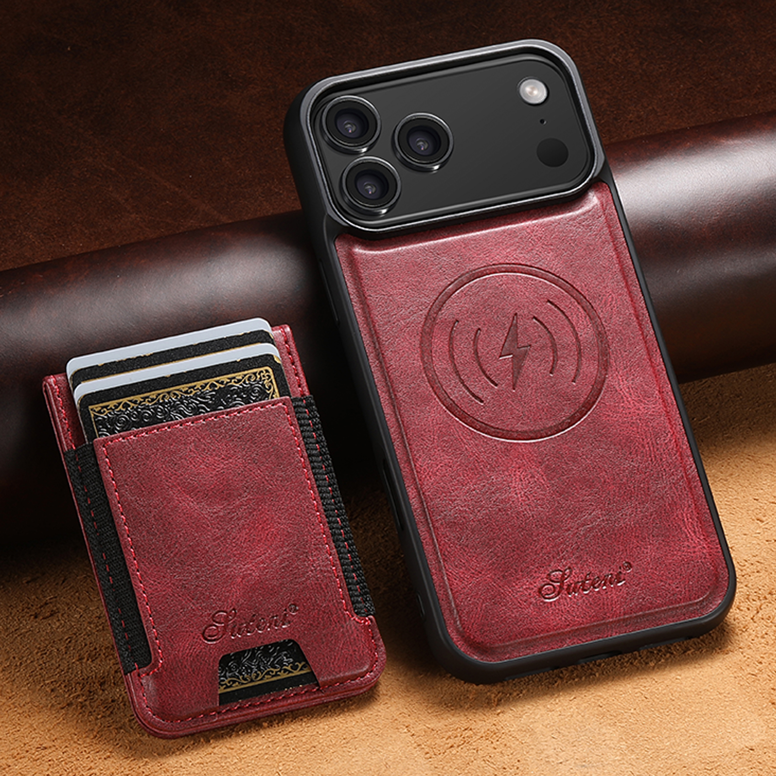 SUTENI H17YL Faux Leather Phone Case Wireless Charging Magnet Card Holder Stand For iPhone 17 Pro Max 16 Plus 15 14 13 12