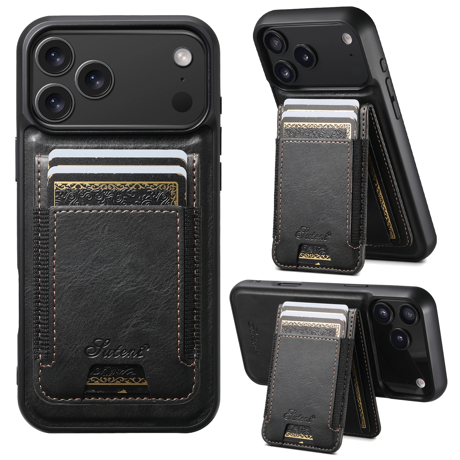 SUTENI H17YL Faux Leather Phone Case Wireless Charging Magnet Card Holder Stand For iPhone 17 Pro Max 16 Plus 15 14 13 12
