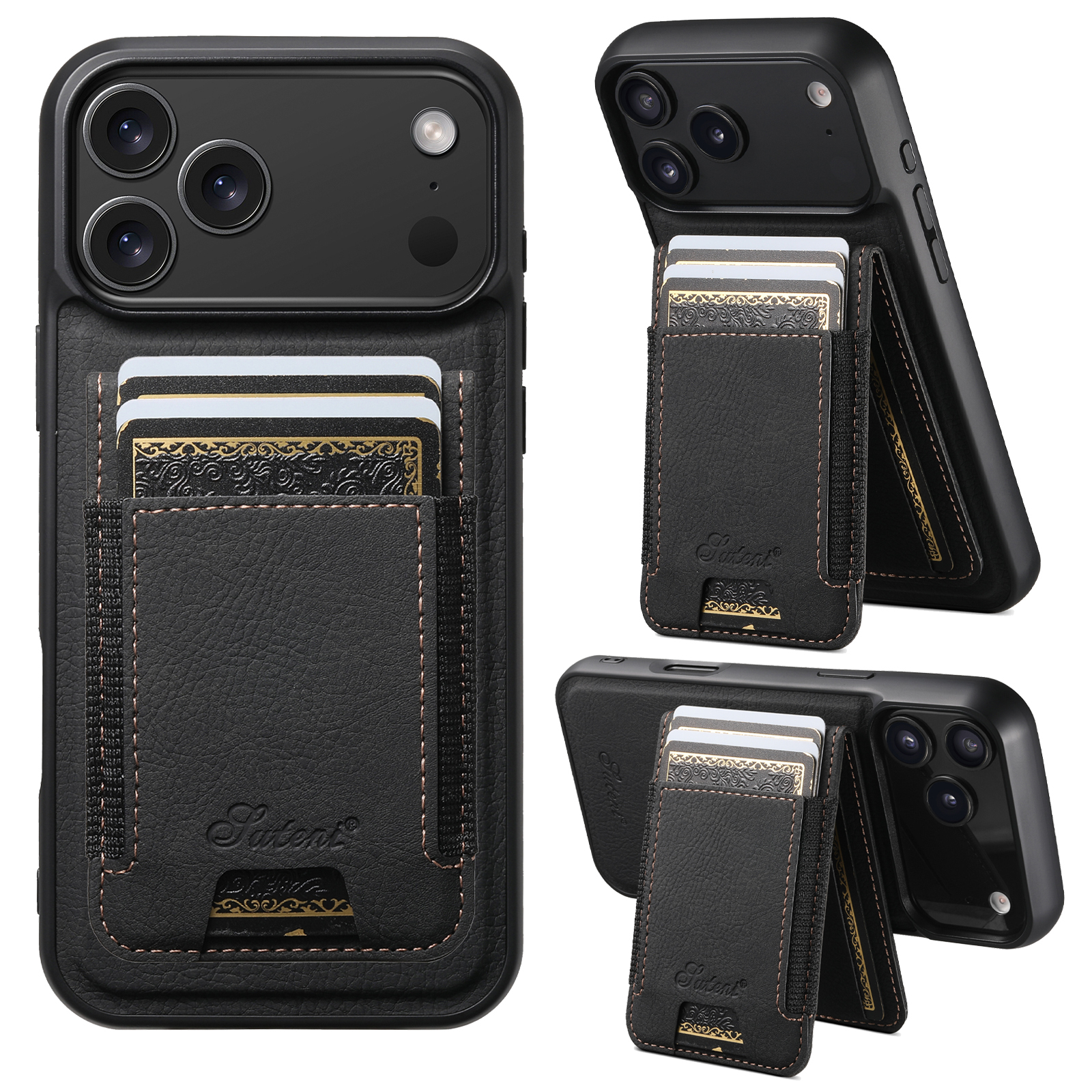SUTENI H17LZ Magnet Wireless Charging Card Holder Stand Luxury Faux Leather Phone Case For iPhone 17 Pro Max 16 Plus 15 14 13 12