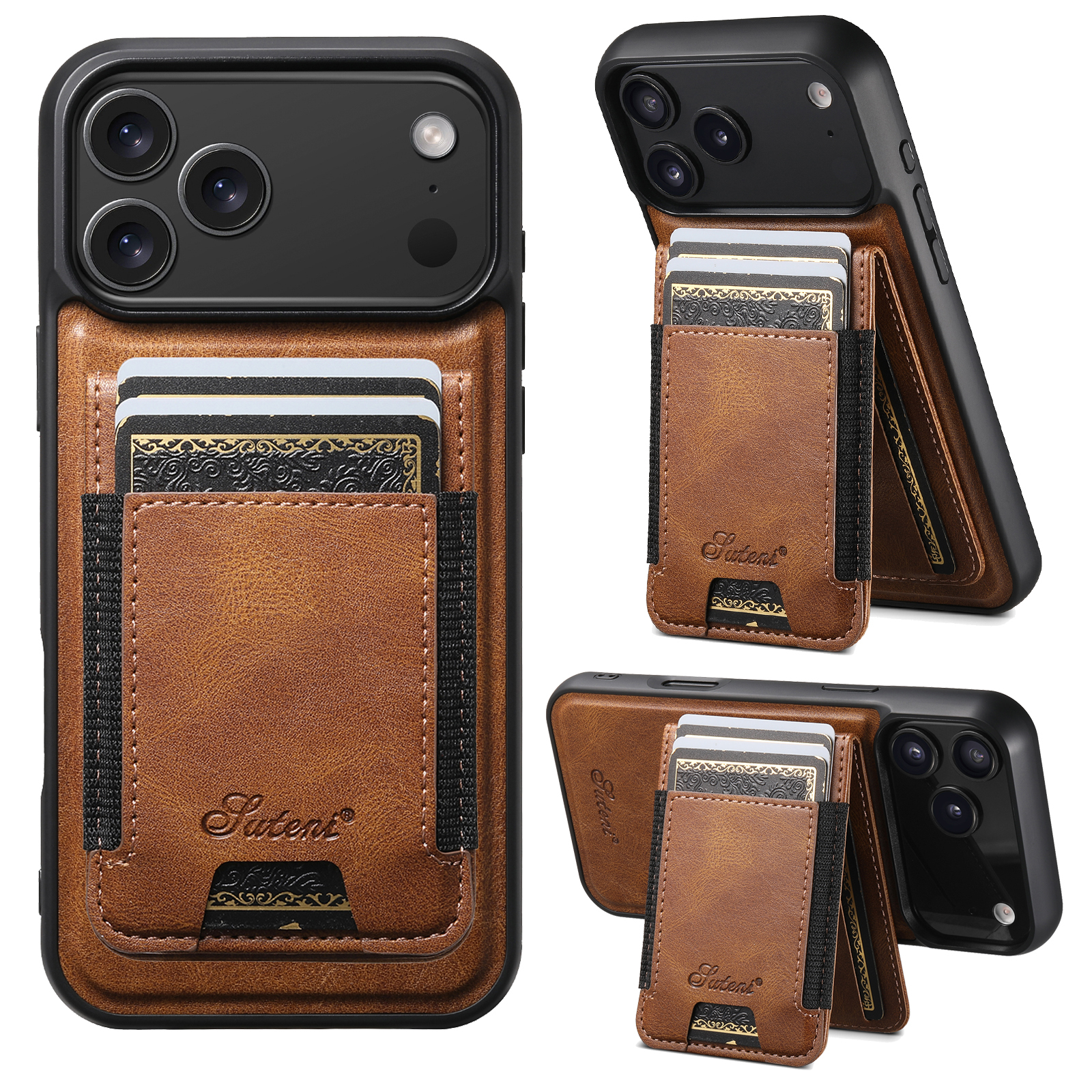 SUTENI H17YL Faux Leather Phone Case Wireless Charging Magnet Card Holder Stand For iPhone 17 Pro Max 16 Plus 15 14 13 12