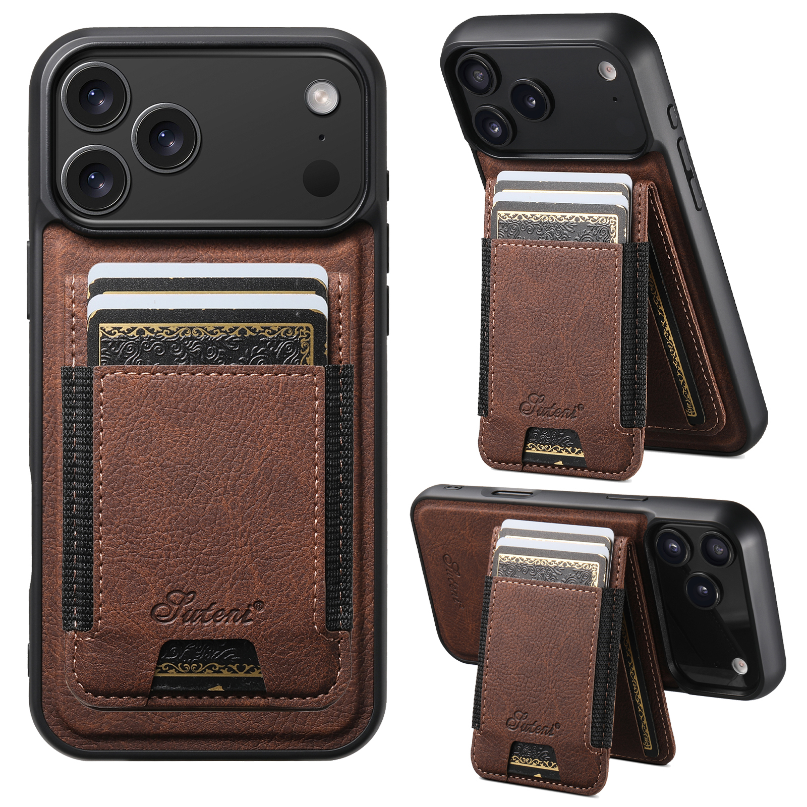 SUTENI H17LZ Magnet Wireless Charging Card Holder Stand Luxury Faux Leather Phone Case For iPhone 17 Pro Max 16 Plus 15 14 13 12
