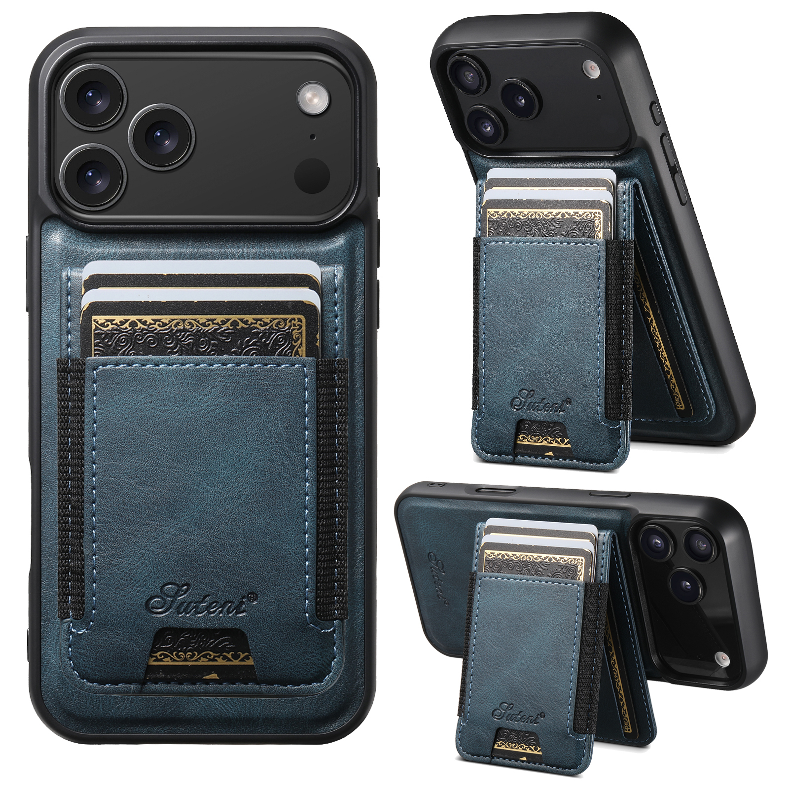 SUTENI H17YL Faux Leather Phone Case Wireless Charging Magnet Card Holder Stand For iPhone 17 Pro Max 16 Plus 15 14 13 12