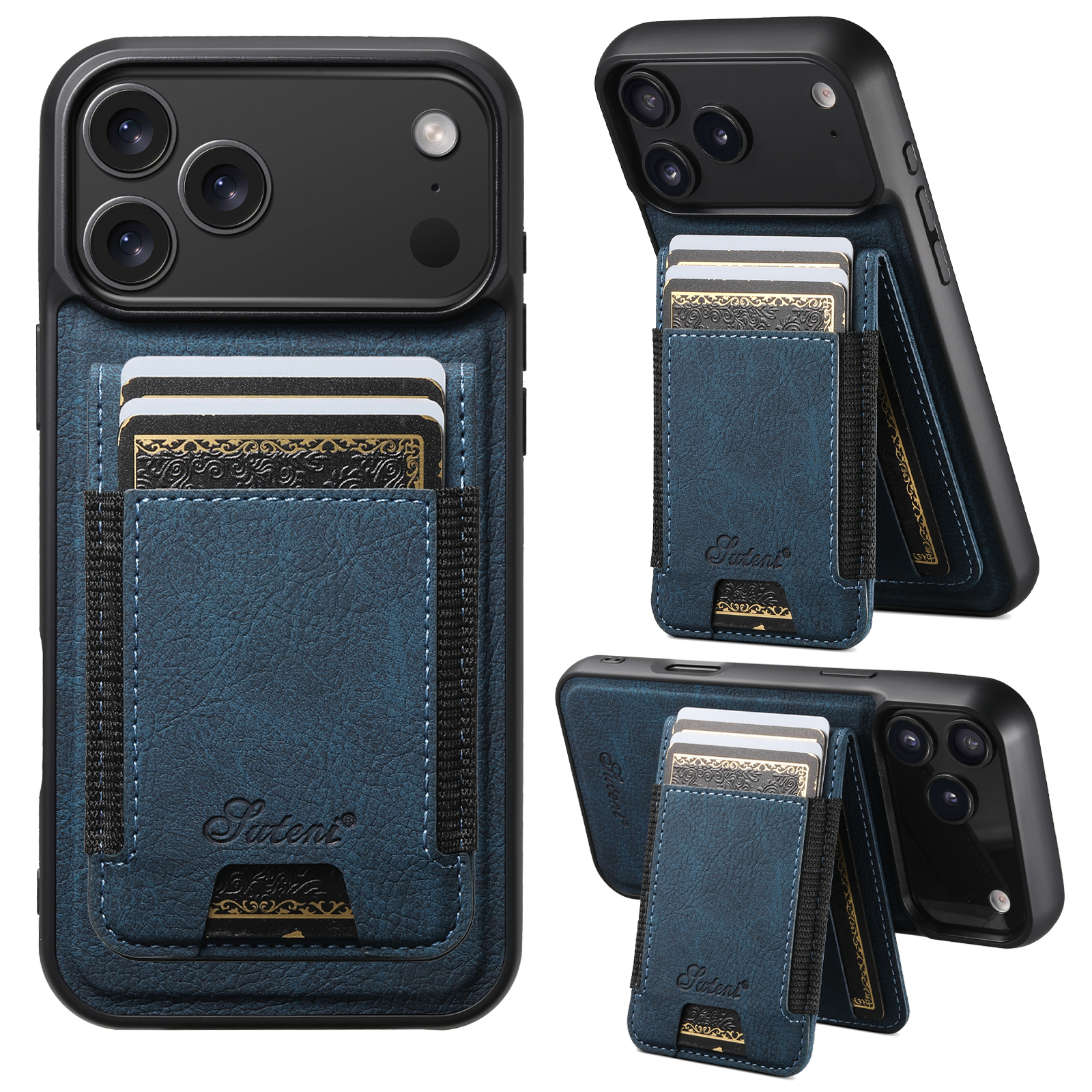 SUTENI H17LZ Magnet Wireless Charging Card Holder Stand Luxury Faux Leather Phone Case For iPhone 17 Pro Max 16 Plus 15 14 13 12
