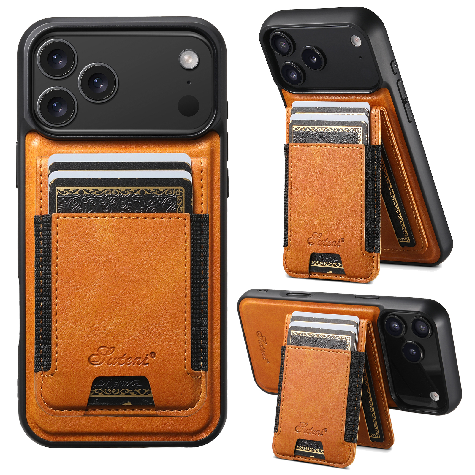SUTENI H17YL Faux Leather Phone Case Wireless Charging Magnet Card Holder Stand For iPhone 17 Pro Max 16 Plus 15 14 13 12