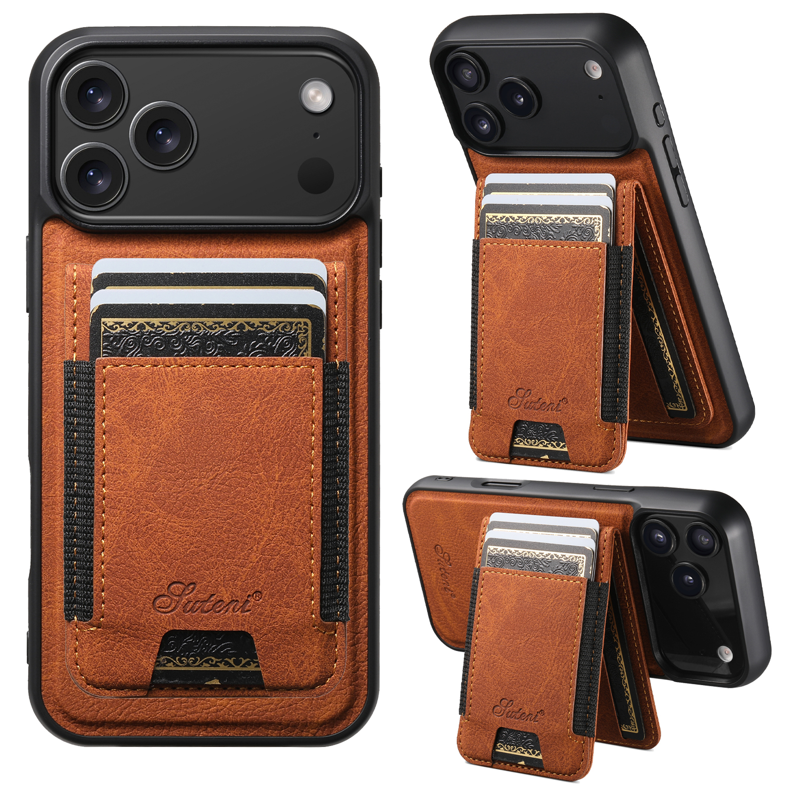 SUTENI H17LZ Magnet Wireless Charging Card Holder Stand Luxury Faux Leather Phone Case For iPhone 17 Pro Max 16 Plus 15 14 13 12