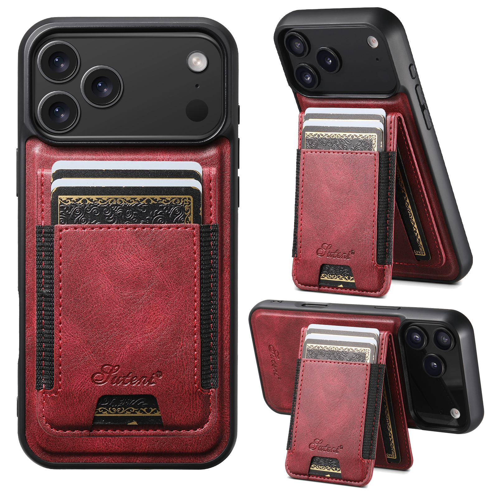SUTENI H17YL Faux Leather Phone Case Wireless Charging Magnet Card Holder Stand For iPhone 17 Pro Max 16 Plus 15 14 13 12