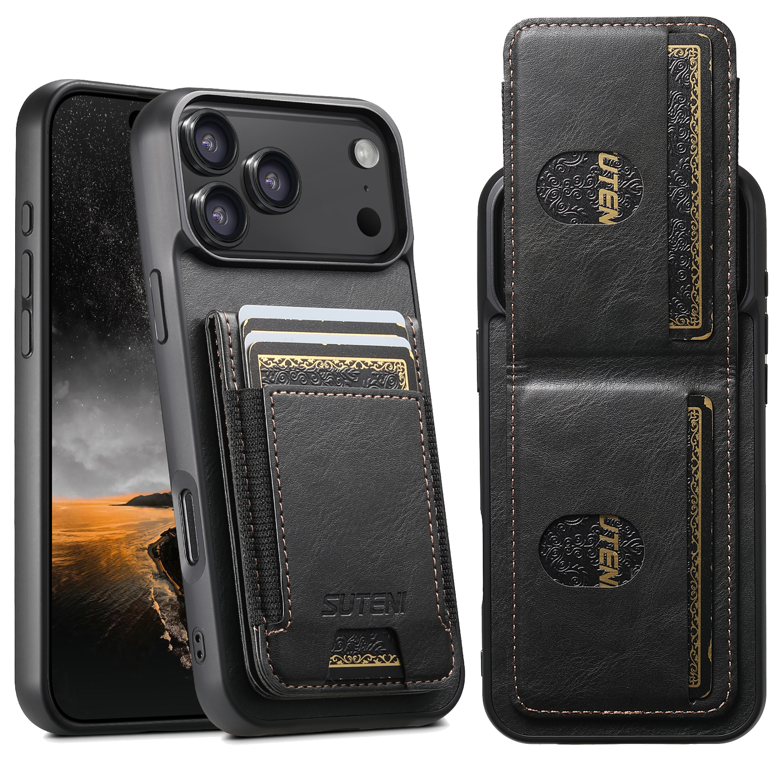 SUTENI H03YL Card Holder Phone Case Luxury Faux Leather Stand For iPhone 17 Pro Max 16 Plus 15 14 13 12