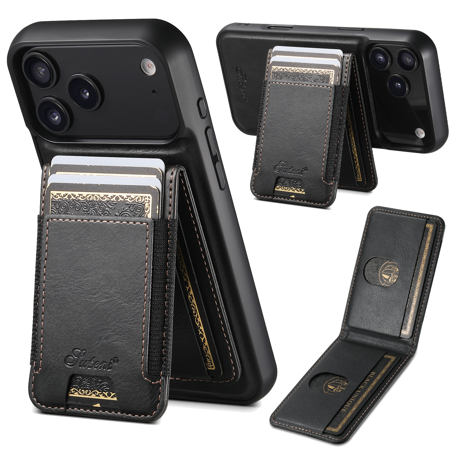 SUTENI H17YL Faux Leather Phone Case Wireless Charging Magnet Card Holder Stand For iPhone 17 Pro Max 16 Plus 15 14 13 12