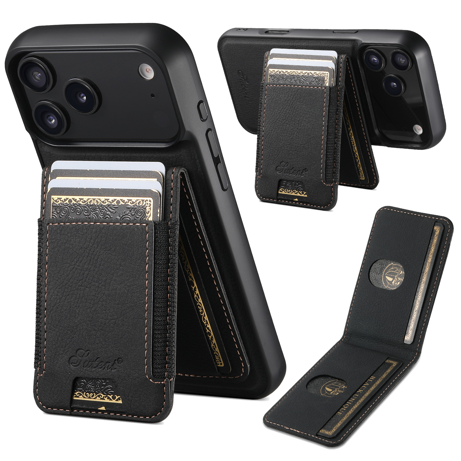 SUTENI H17LZ Magnet Wireless Charging Card Holder Stand Luxury Faux Leather Phone Case For iPhone 17 Pro Max 16 Plus 15 14 13 12