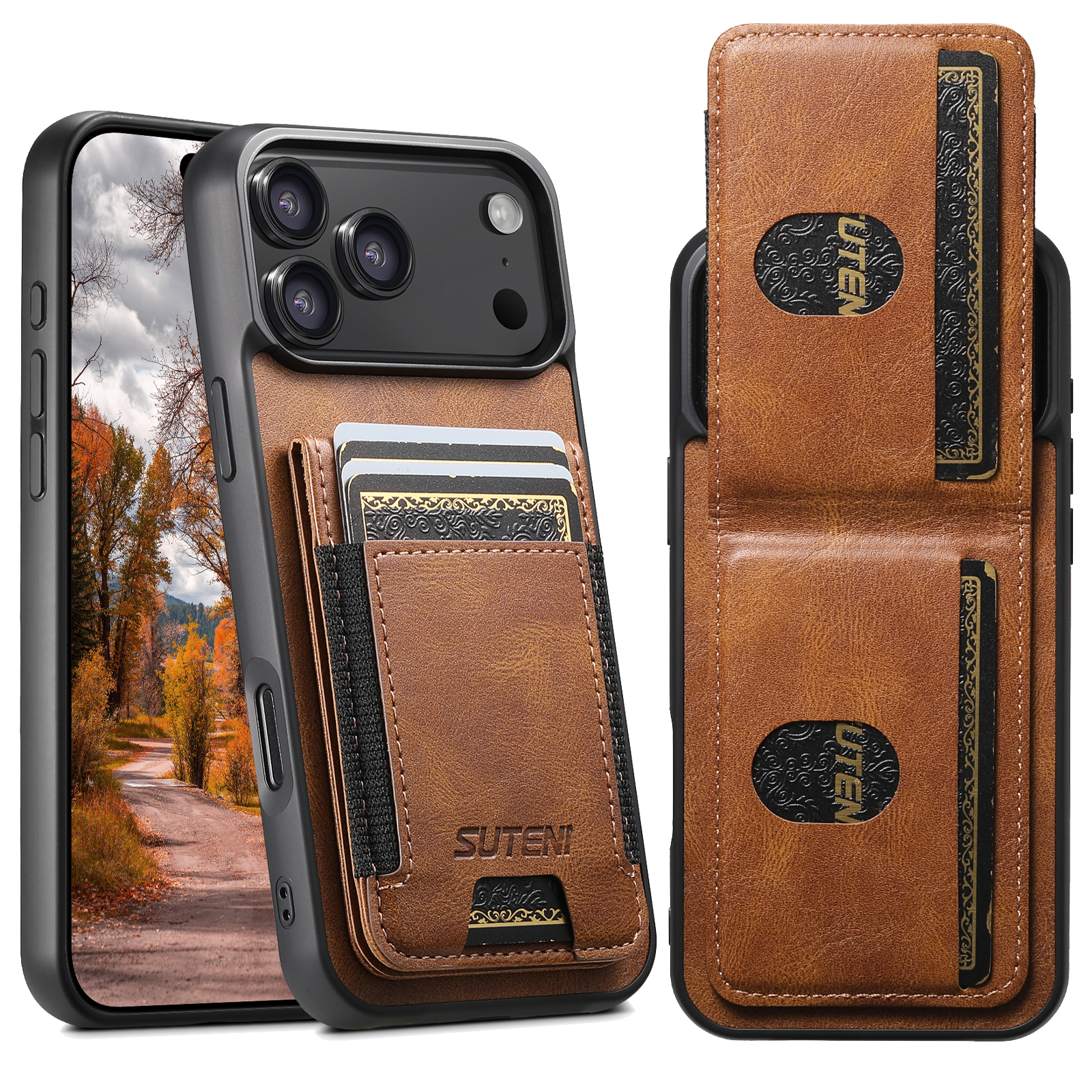 SUTENI H03YL Card Holder Phone Case Luxury Faux Leather Stand For iPhone 17 Pro Max 16 Plus 15 14 13 12