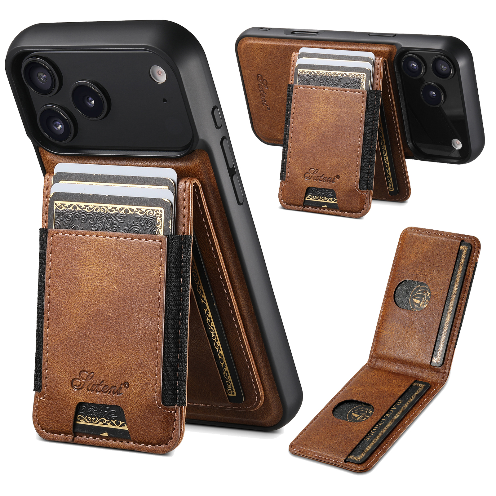 SUTENI H17YL Faux Leather Phone Case Wireless Charging Magnet Card Holder Stand For iPhone 17 Pro Max 16 Plus 15 14 13 12