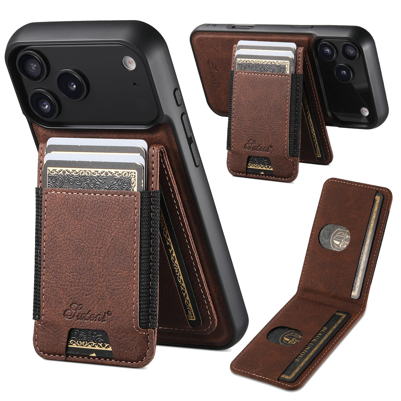 SUTENI H17LZ Magnet Wireless Charging Card Holder Stand Luxury Faux Leather Phone Case For iPhone 17 Pro Max 16 Plus 15 14 13 12