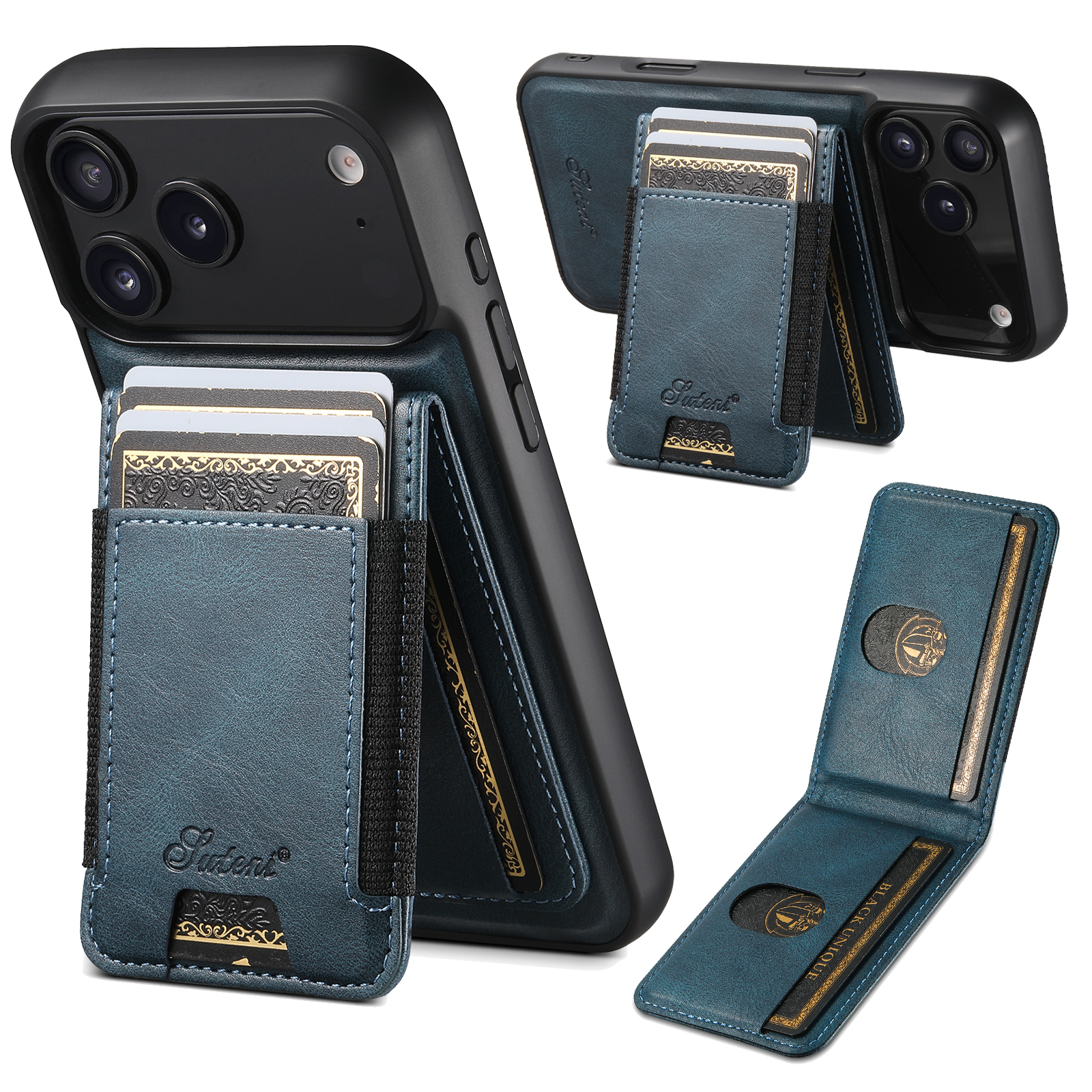 SUTENI H17YL Faux Leather Phone Case Wireless Charging Magnet Card Holder Stand For iPhone 17 Pro Max 16 Plus 15 14 13 12