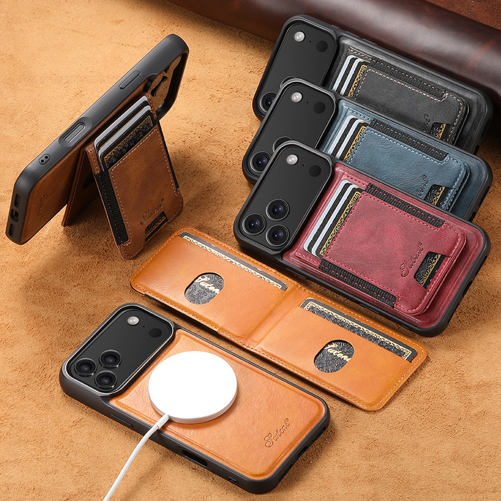 SUTENI H17YL Faux Leather Phone Case Wireless Charging Magnet Card Holder Stand For iPhone 17 Pro Max 16 Plus 15 14 13 12