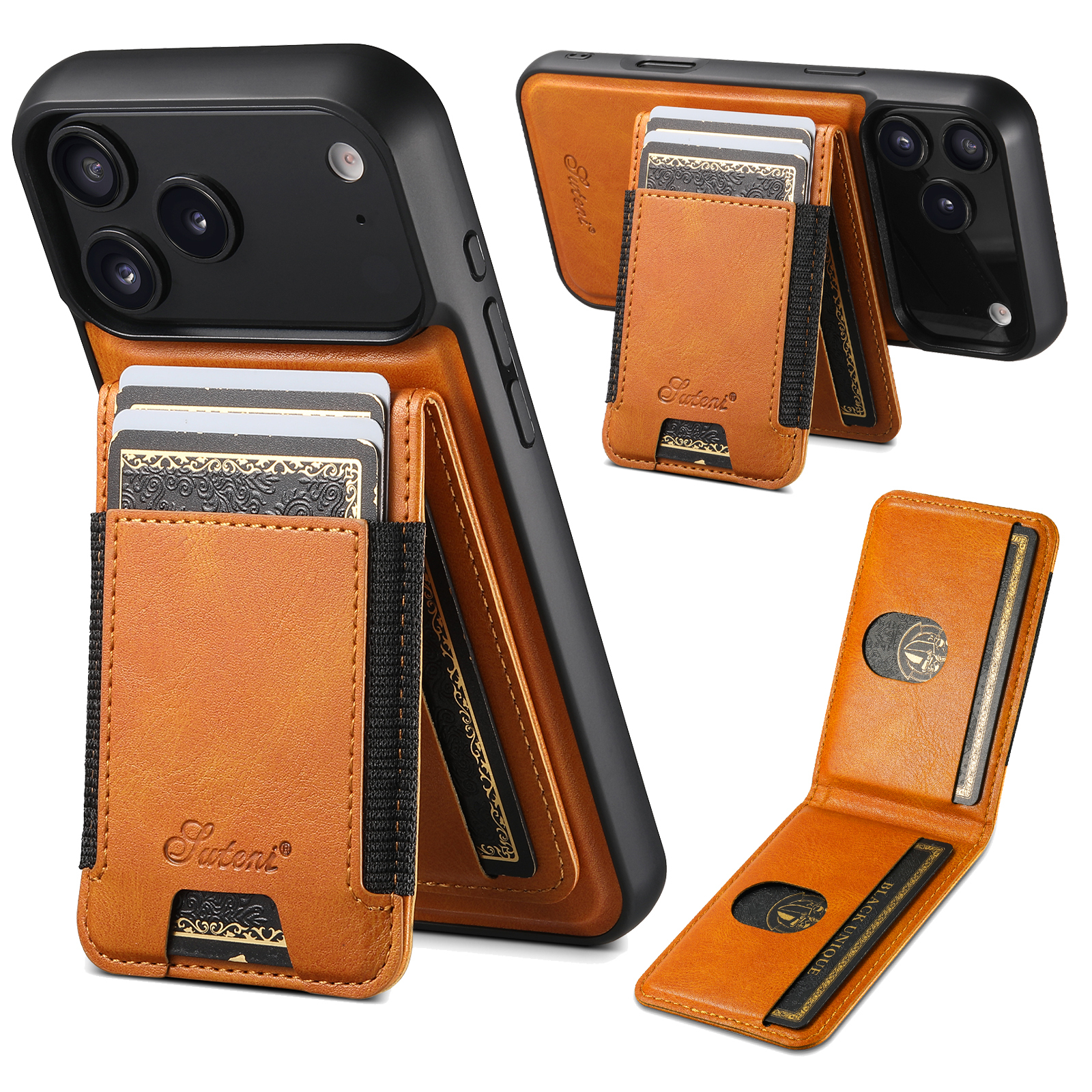 SUTENI H17YL Faux Leather Phone Case Wireless Charging Magnet Card Holder Stand For iPhone 17 Pro Max 16 Plus 15 14 13 12