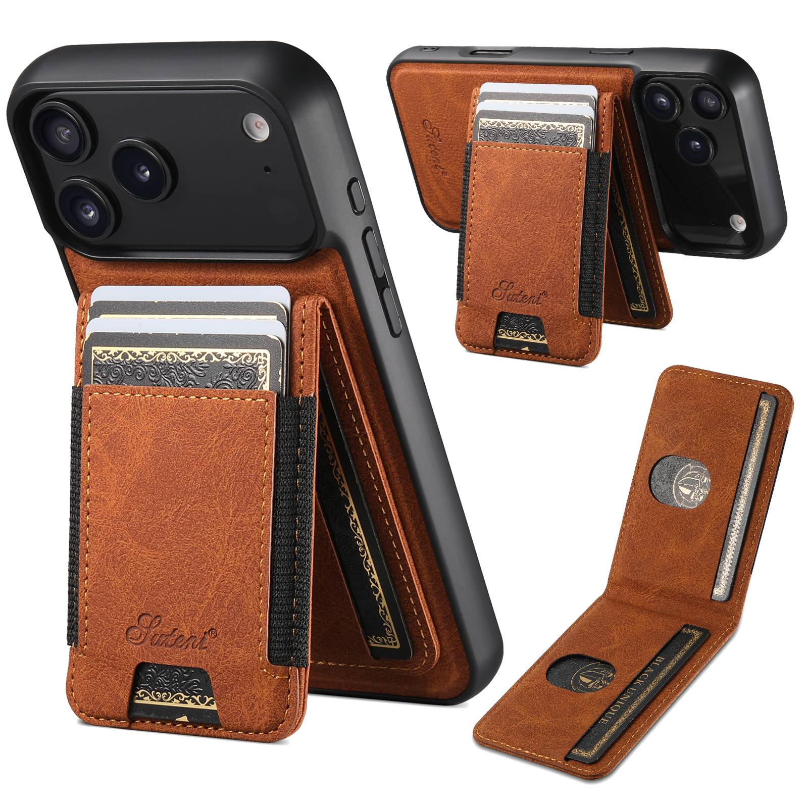 SUTENI H17LZ Magnet Wireless Charging Card Holder Stand Luxury Faux Leather Phone Case For iPhone 17 Pro Max 16 Plus 15 14 13 12