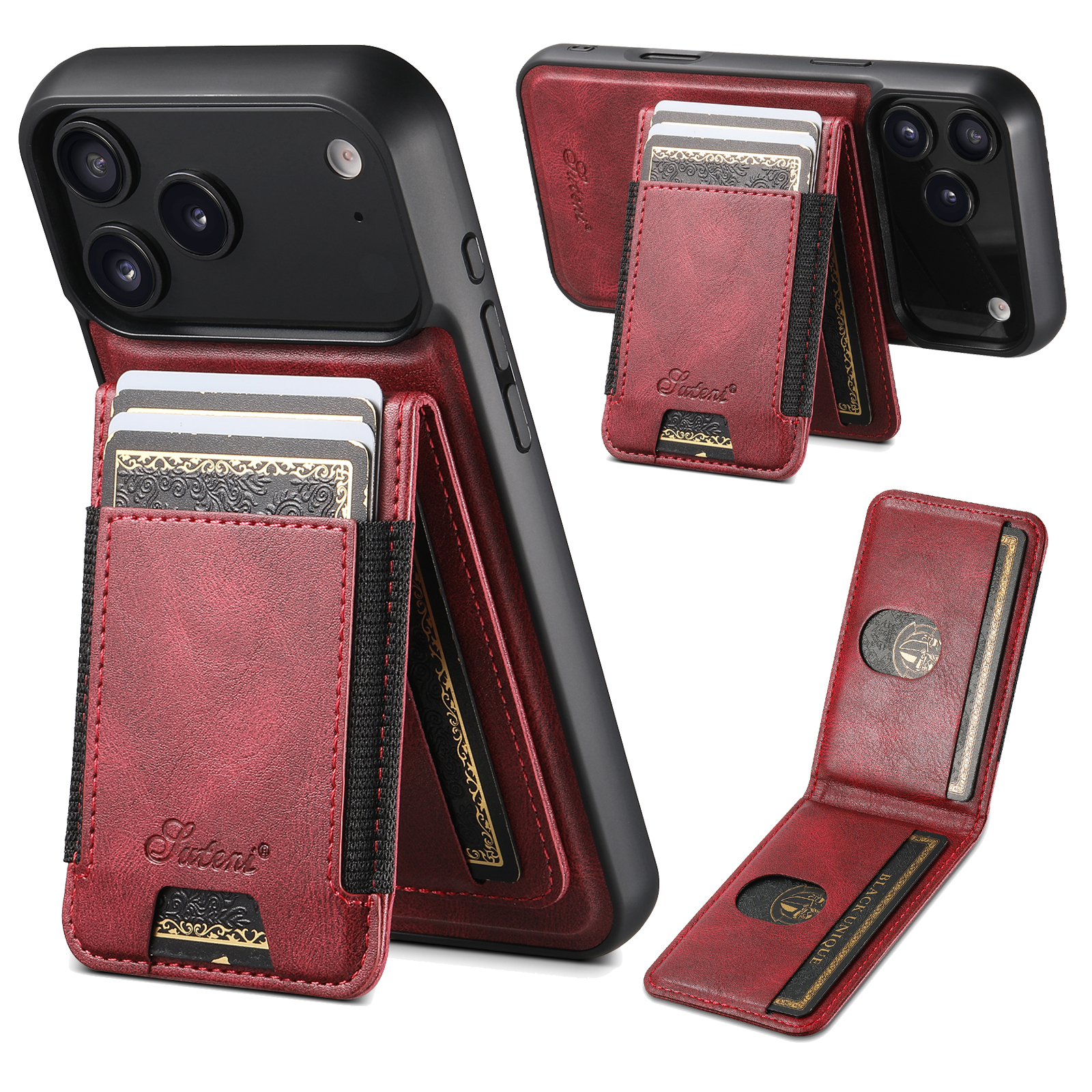 SUTENI H17YL Faux Leather Phone Case Wireless Charging Magnet Card Holder Stand For iPhone 17 Pro Max 16 Plus 15 14 13 12