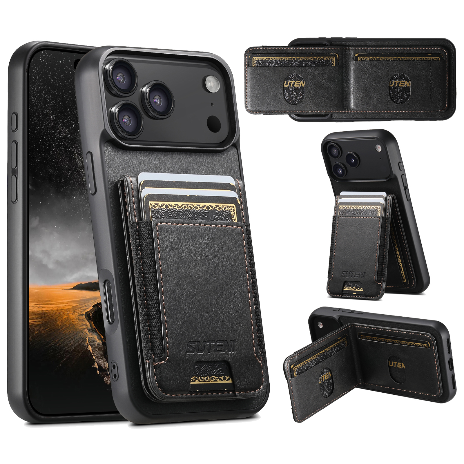 SUTENI H03YL Card Holder Phone Case Luxury Faux Leather Stand For iPhone 17 Pro Max 16 Plus 15 14 13 12