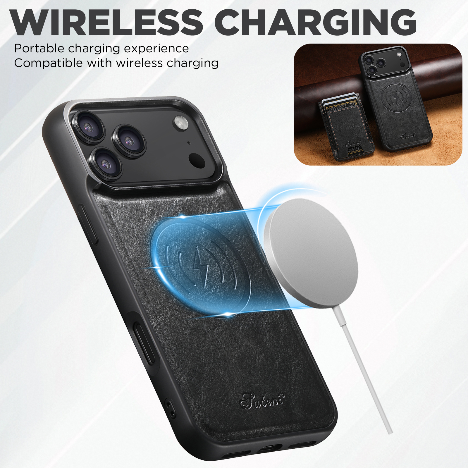 SUTENI H17YL Faux Leather Phone Case Wireless Charging Magnet Card Holder Stand For iPhone 17 Pro Max 16 Plus 15 14 13 12