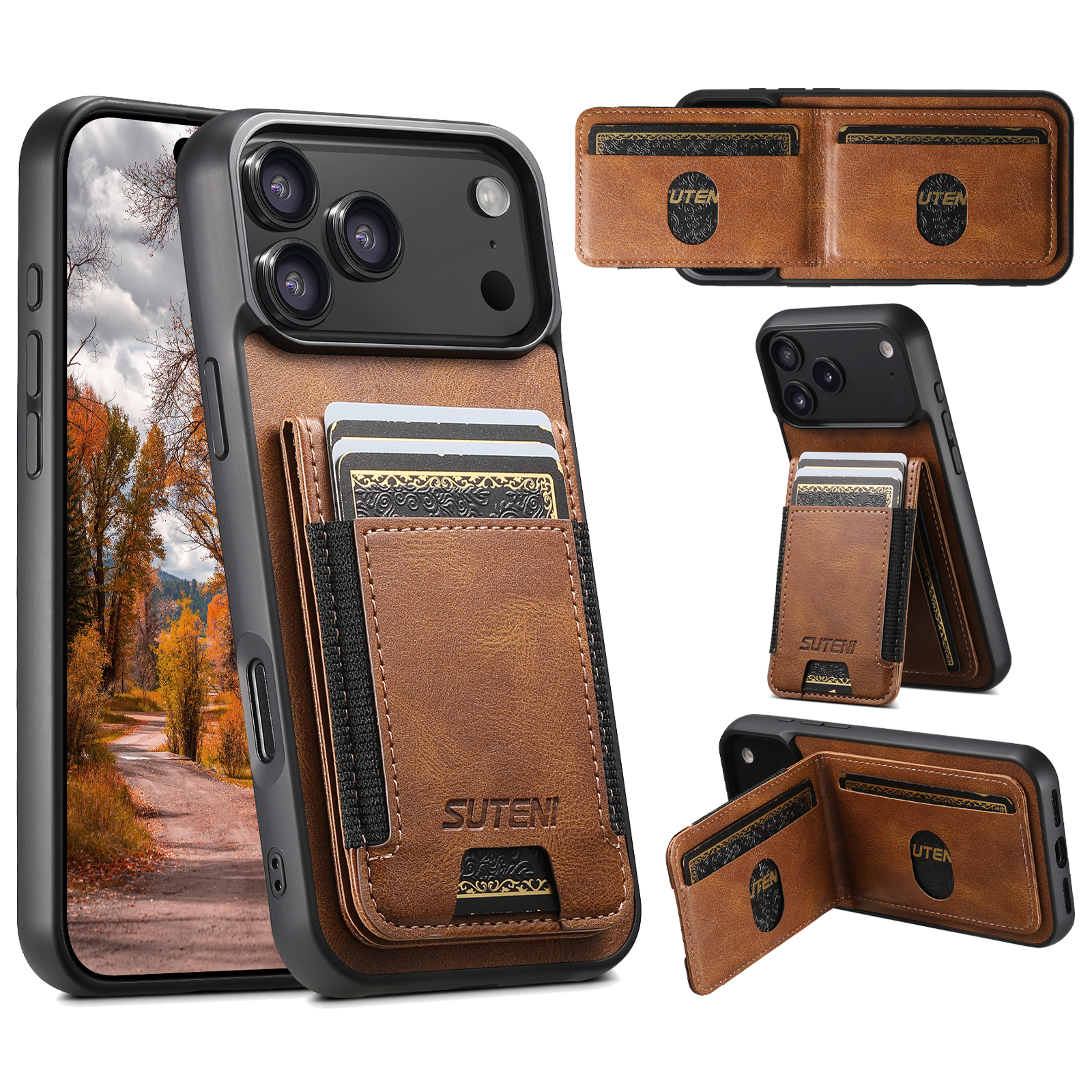 SUTENI H03YL Card Holder Phone Case Luxury Faux Leather Stand For iPhone 17 Pro Max 16 Plus 15 14 13 12