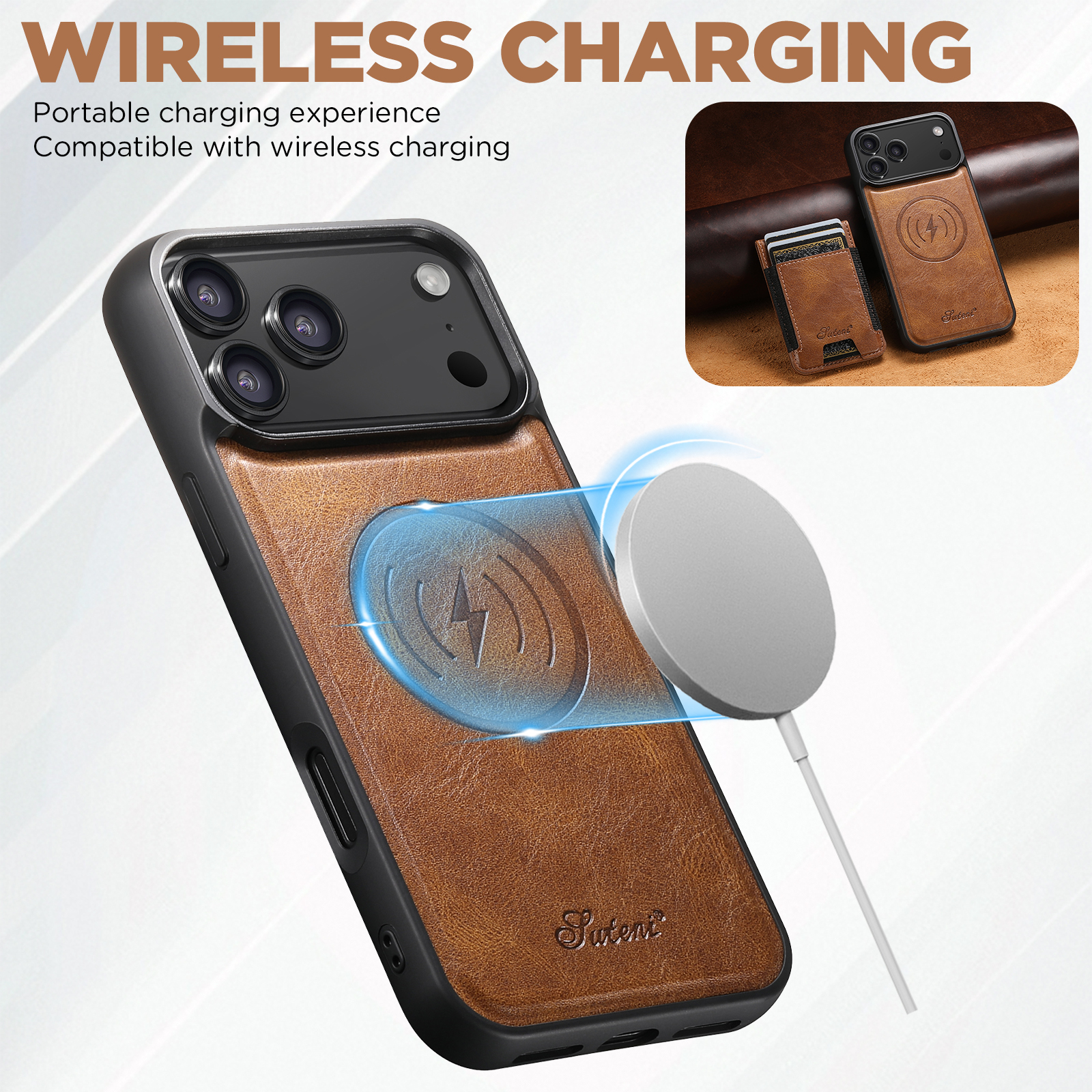 SUTENI H17YL Faux Leather Phone Case Wireless Charging Magnet Card Holder Stand For iPhone 17 Pro Max 16 Plus 15 14 13 12