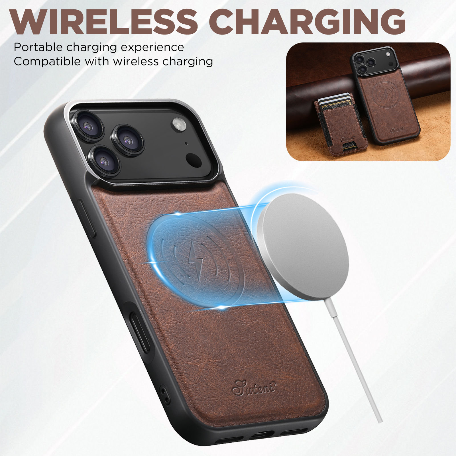 SUTENI H17LZ Magnet Wireless Charging Card Holder Stand Luxury Faux Leather Phone Case For iPhone 17 Pro Max 16 Plus 15 14 13 12