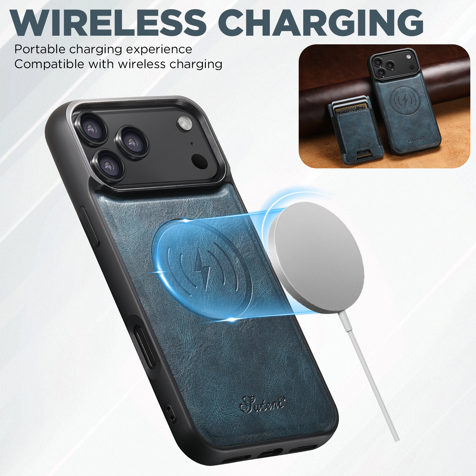 SUTENI H17YL Faux Leather Phone Case Wireless Charging Magnet Card Holder Stand For iPhone 17 Pro Max 16 Plus 15 14 13 12