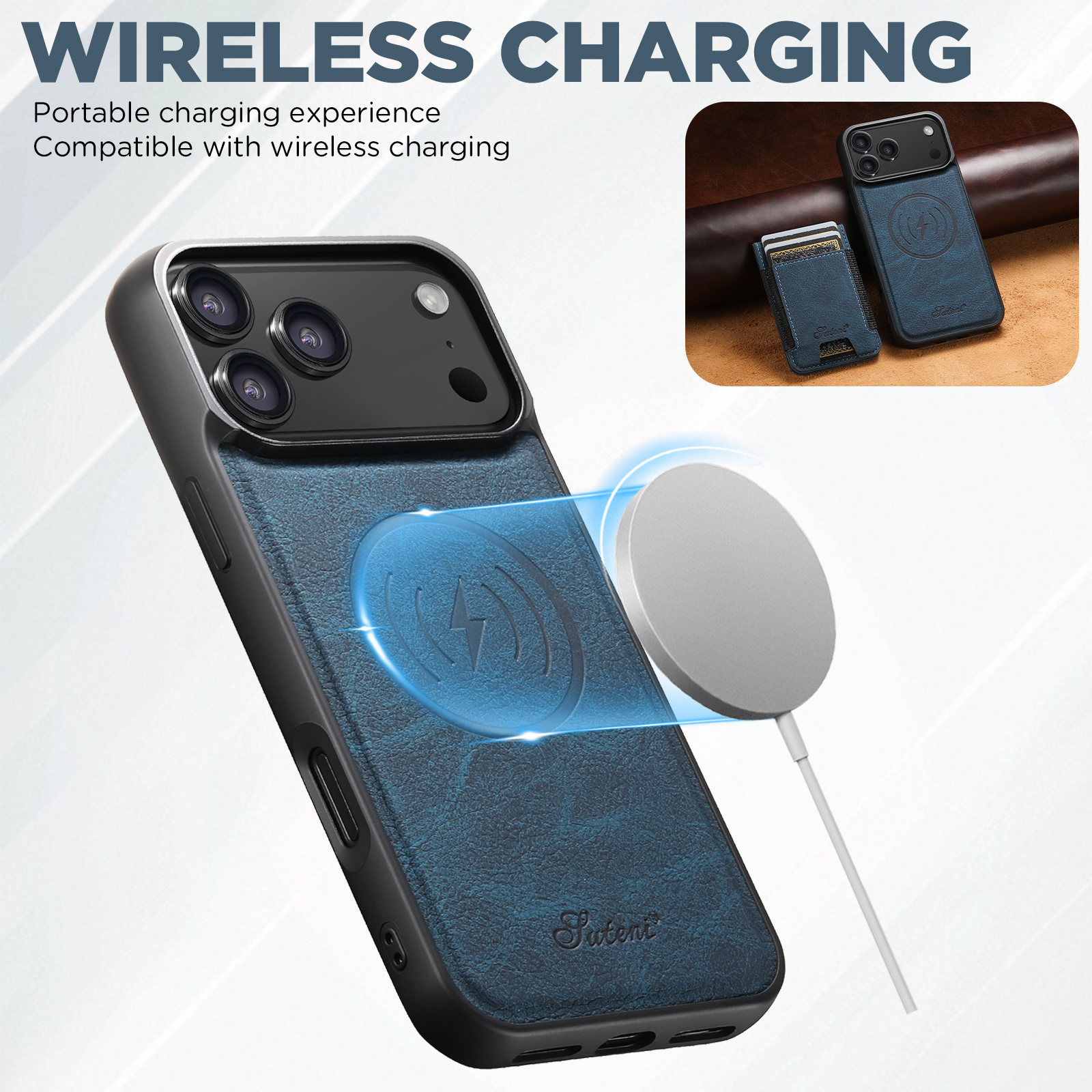 SUTENI H17LZ Magnet Wireless Charging Card Holder Stand Luxury Faux Leather Phone Case For iPhone 17 Pro Max 16 Plus 15 14 13 12