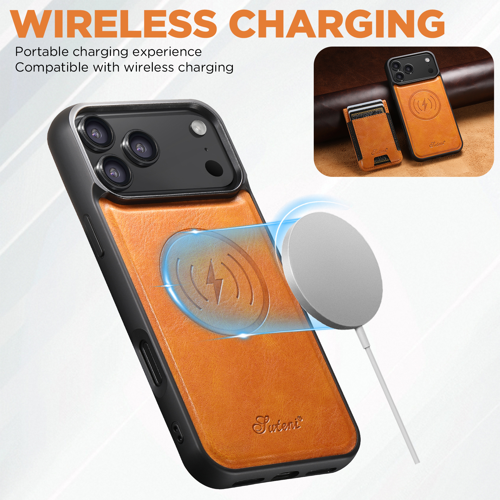 SUTENI H17YL Faux Leather Phone Case Wireless Charging Magnet Card Holder Stand For iPhone 17 Pro Max 16 Plus 15 14 13 12
