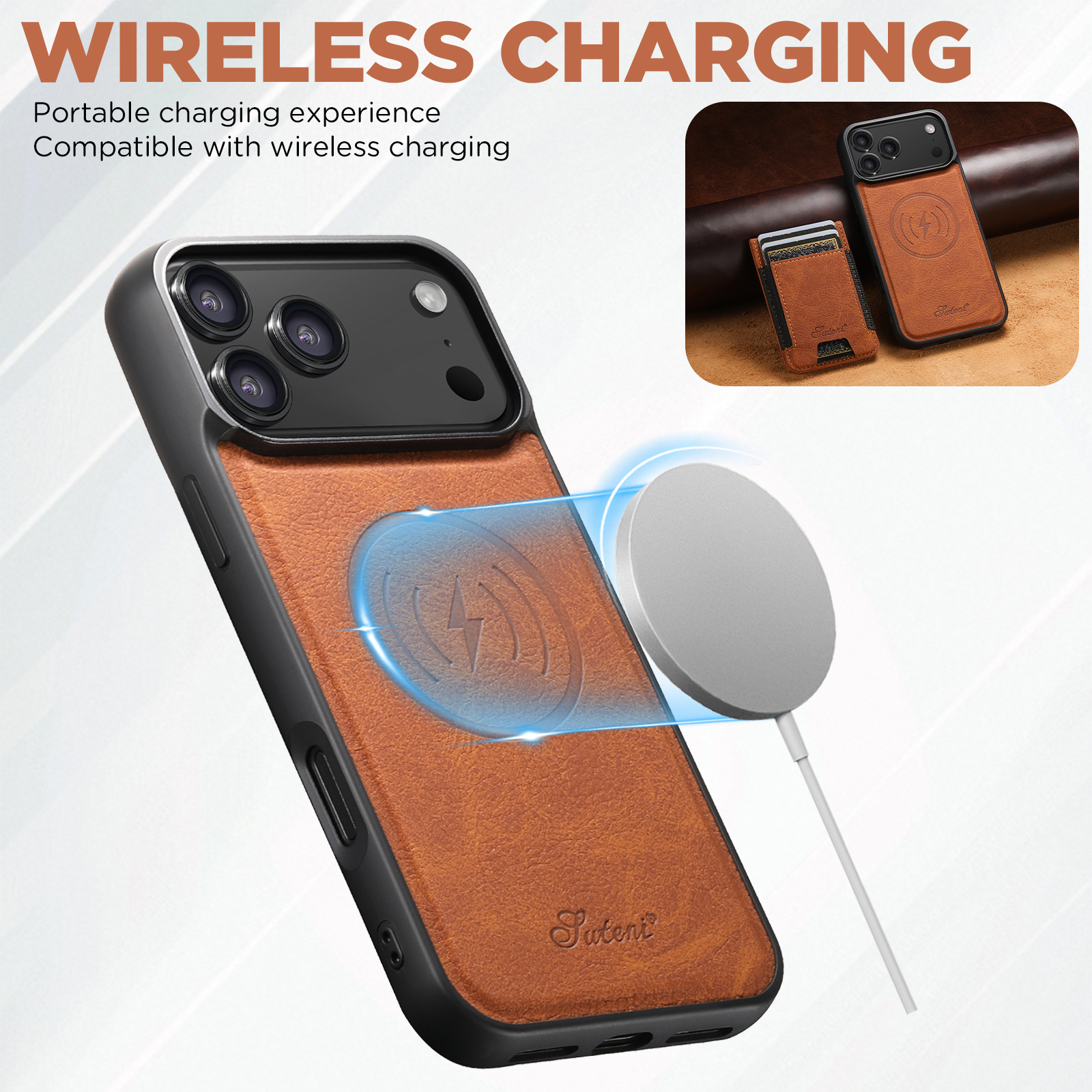 SUTENI H17LZ Magnet Wireless Charging Card Holder Stand Luxury Faux Leather Phone Case For iPhone 17 Pro Max 16 Plus 15 14 13 12