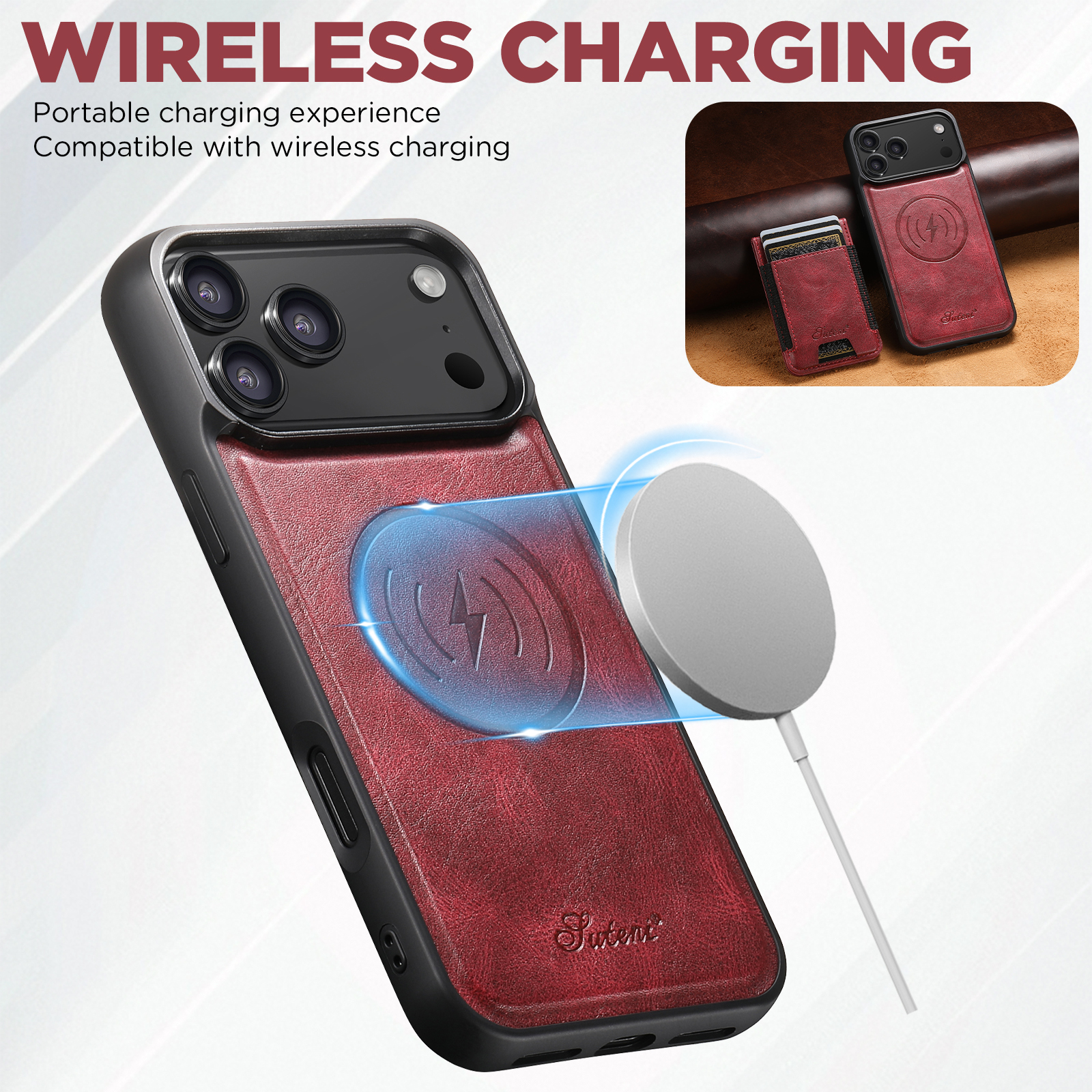 SUTENI H17YL Faux Leather Phone Case Wireless Charging Magnet Card Holder Stand For iPhone 17 Pro Max 16 Plus 15 14 13 12