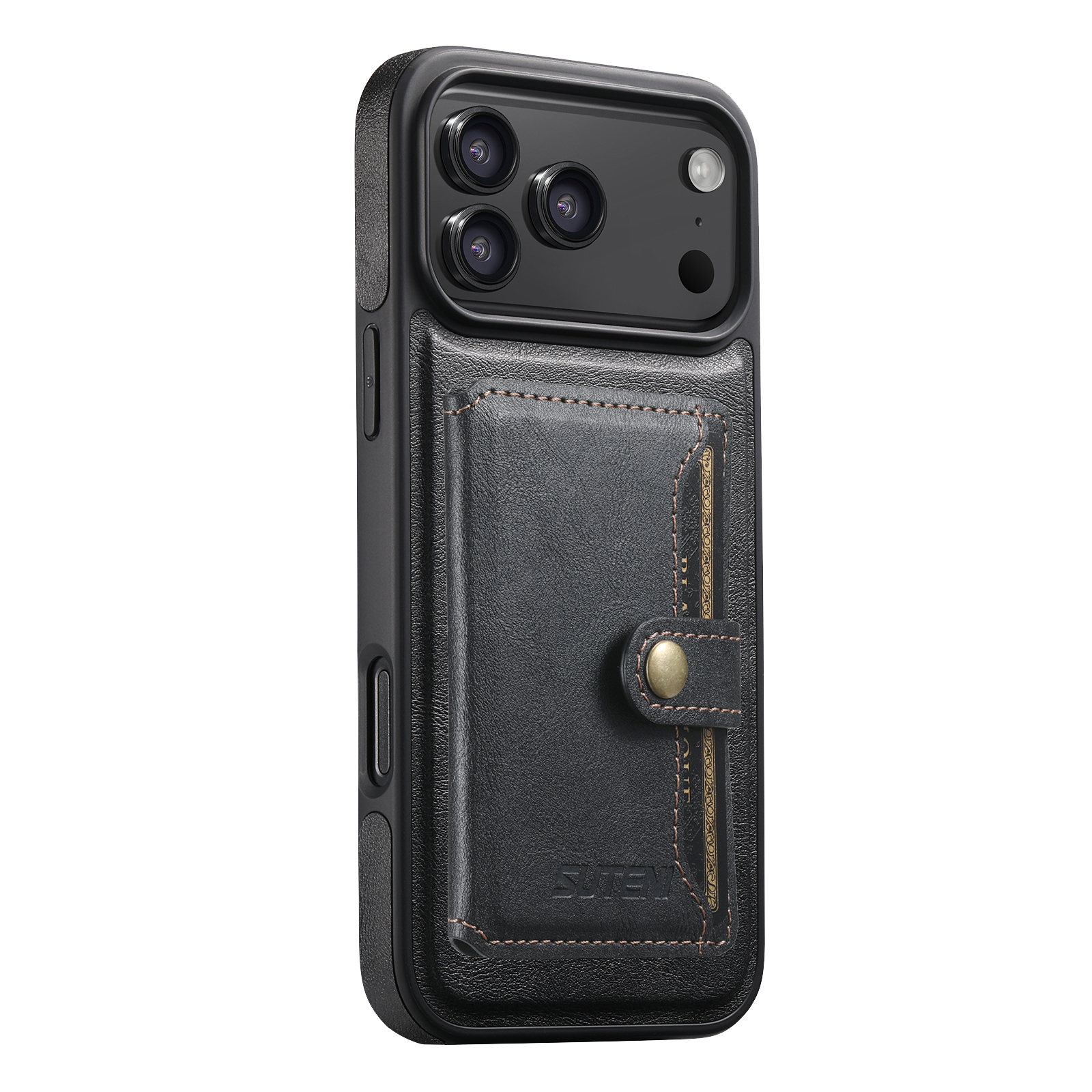 SUTENI M1 Wireless Charging Faux Leather Magnetic Button Card Holder Stand Phone Case Smooth Surface 2-in-1 Wallet For iPhone 17 Pro Max 16 Plus 15 14 13 12