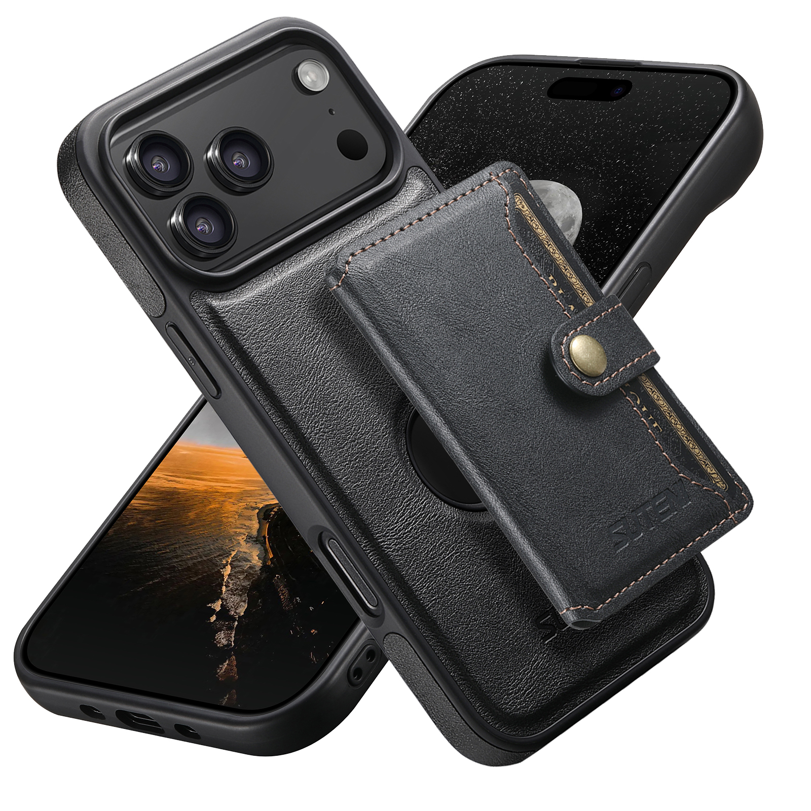 SUTENI M1 Wireless Charging Faux Leather Magnetic Button Card Holder Stand Phone Case Smooth Surface 2-in-1 Wallet For iPhone 17 Pro Max 16 Plus 15 14 13 12