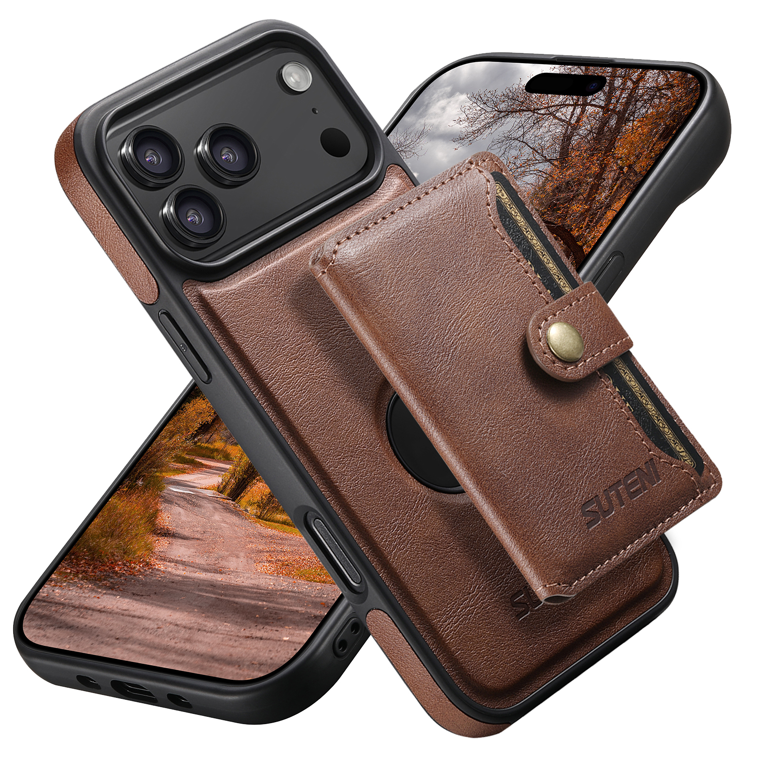 SUTENI M1 Wireless Charging Faux Leather Magnetic Button Card Holder Stand Phone Case Smooth Surface 2-in-1 Wallet For iPhone 17 Pro Max 16 Plus 15 14 13 12