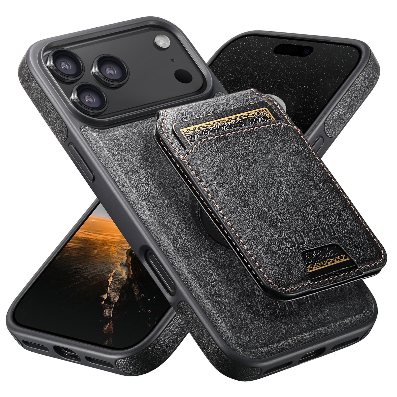 SUTENI M2 Faux Leather Phone Case Wireless Charging Magnet Card Holder Stand Smooth Surface 2-in-1 For 17 Pro Max 16 Plus 15 14 13 12