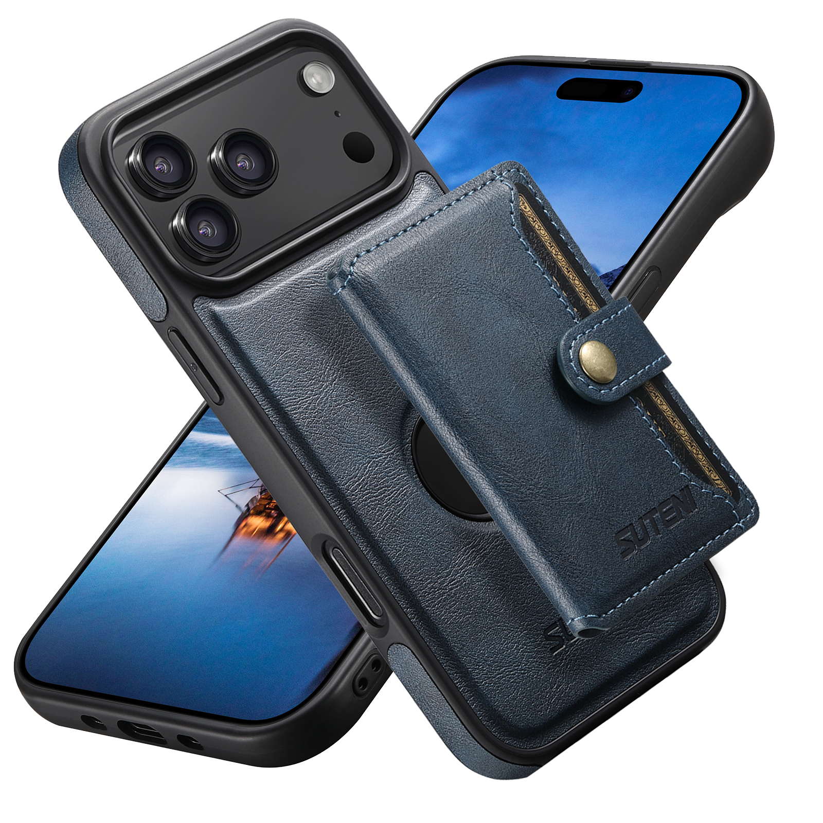 SUTENI M1 Wireless Charging Faux Leather Magnetic Button Card Holder Stand Phone Case Smooth Surface 2-in-1 Wallet For iPhone 17 Pro Max 16 Plus 15 14 13 12