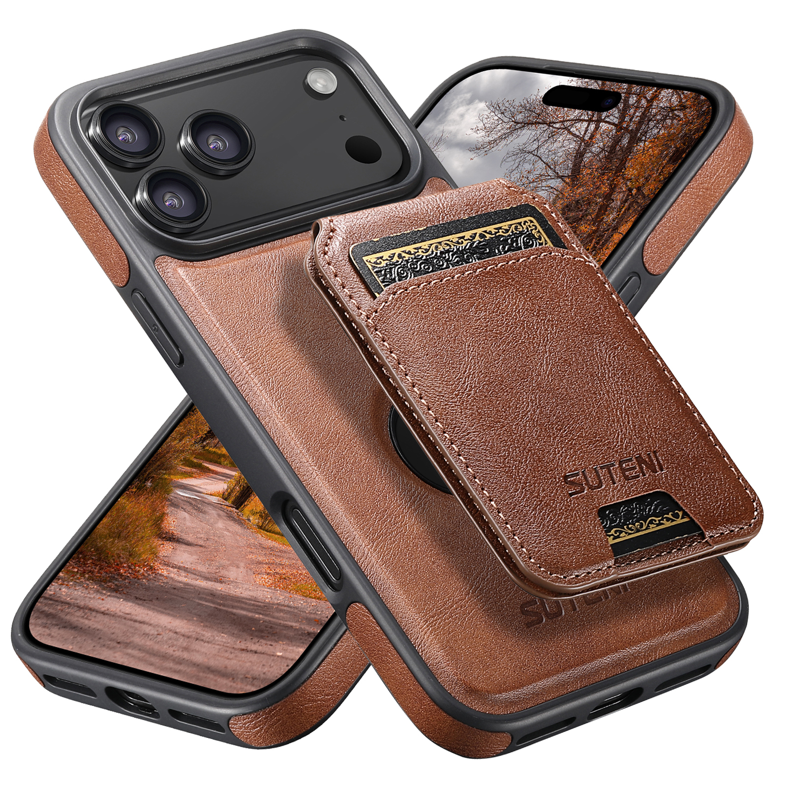 SUTENI M2 Faux Leather Phone Case Wireless Charging Magnet Card Holder Stand Smooth Surface 2-in-1 For 17 Pro Max 16 Plus 15 14 13 12
