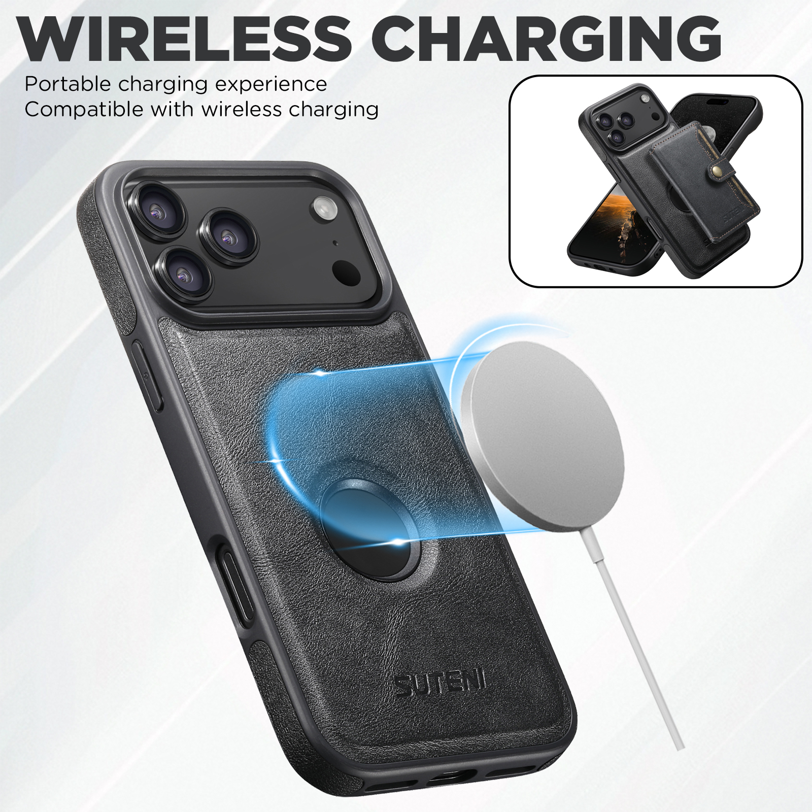 SUTENI M1 Wireless Charging Faux Leather Magnetic Button Card Holder Stand Phone Case Smooth Surface 2-in-1 Wallet For iPhone 17 Pro Max 16 Plus 15 14 13 12