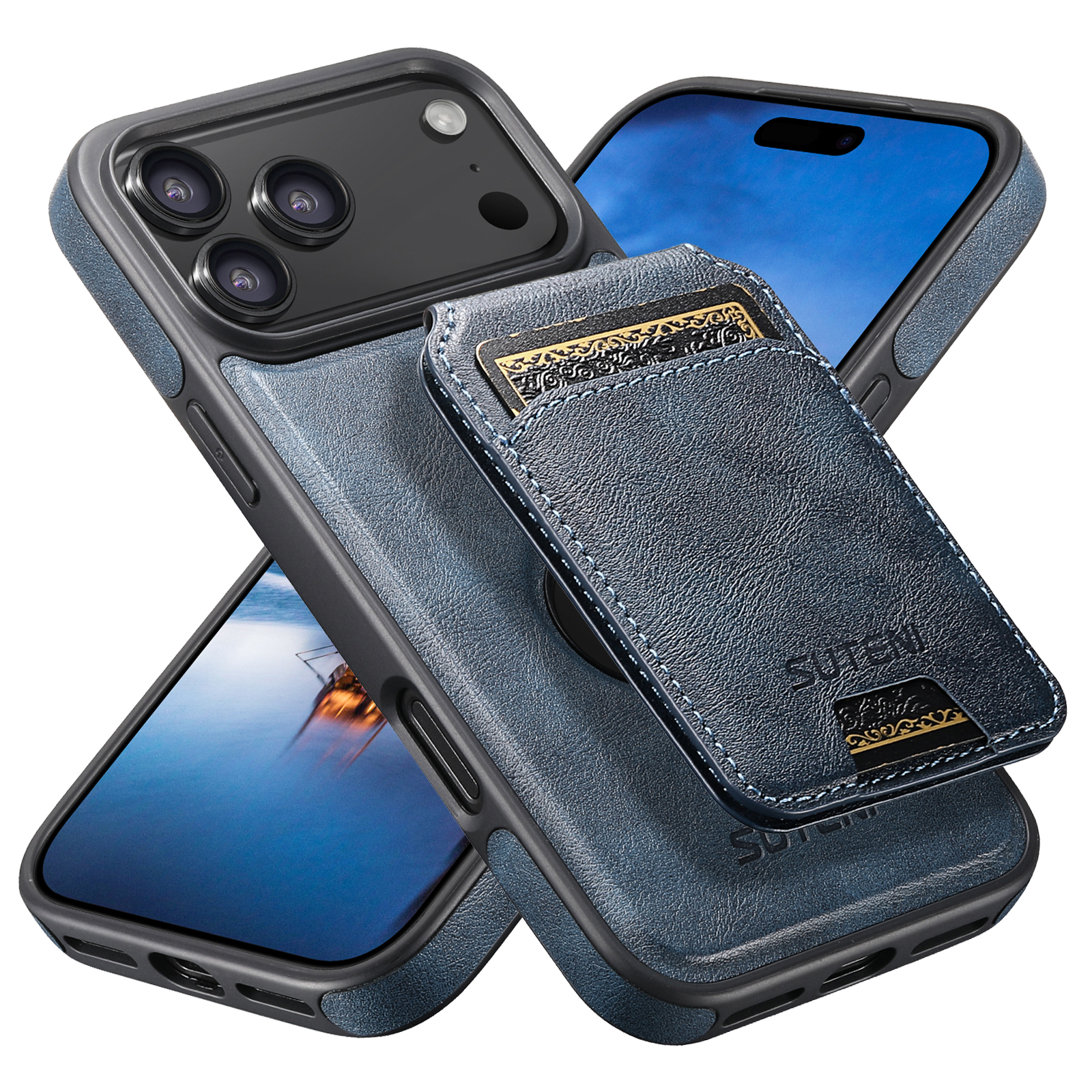 SUTENI M2 Faux Leather Phone Case Wireless Charging Magnet Card Holder Stand Smooth Surface 2-in-1 For 17 Pro Max 16 Plus 15 14 13 12