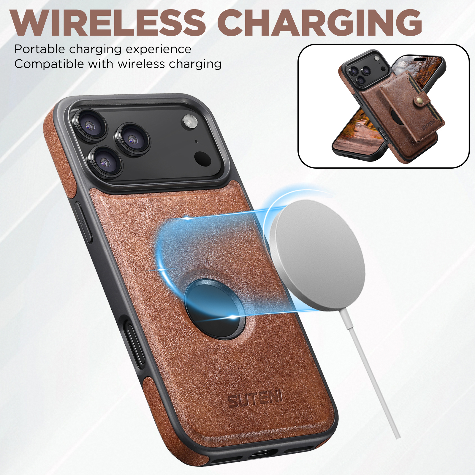 SUTENI M1 Wireless Charging Faux Leather Magnetic Button Card Holder Stand Phone Case Smooth Surface 2-in-1 Wallet For iPhone 17 Pro Max 16 Plus 15 14 13 12