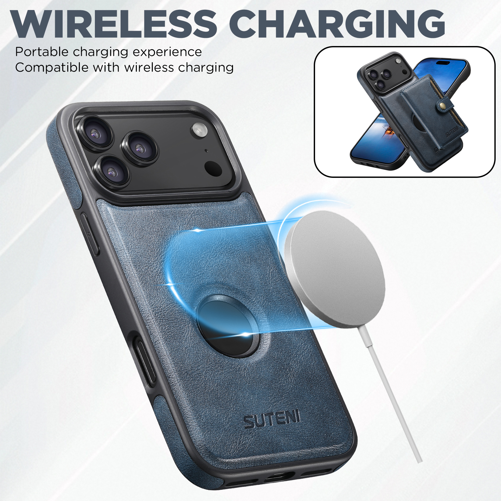 SUTENI M1 Wireless Charging Faux Leather Magnetic Button Card Holder Stand Phone Case Smooth Surface 2-in-1 Wallet For iPhone 17 Pro Max 16 Plus 15 14 13 12