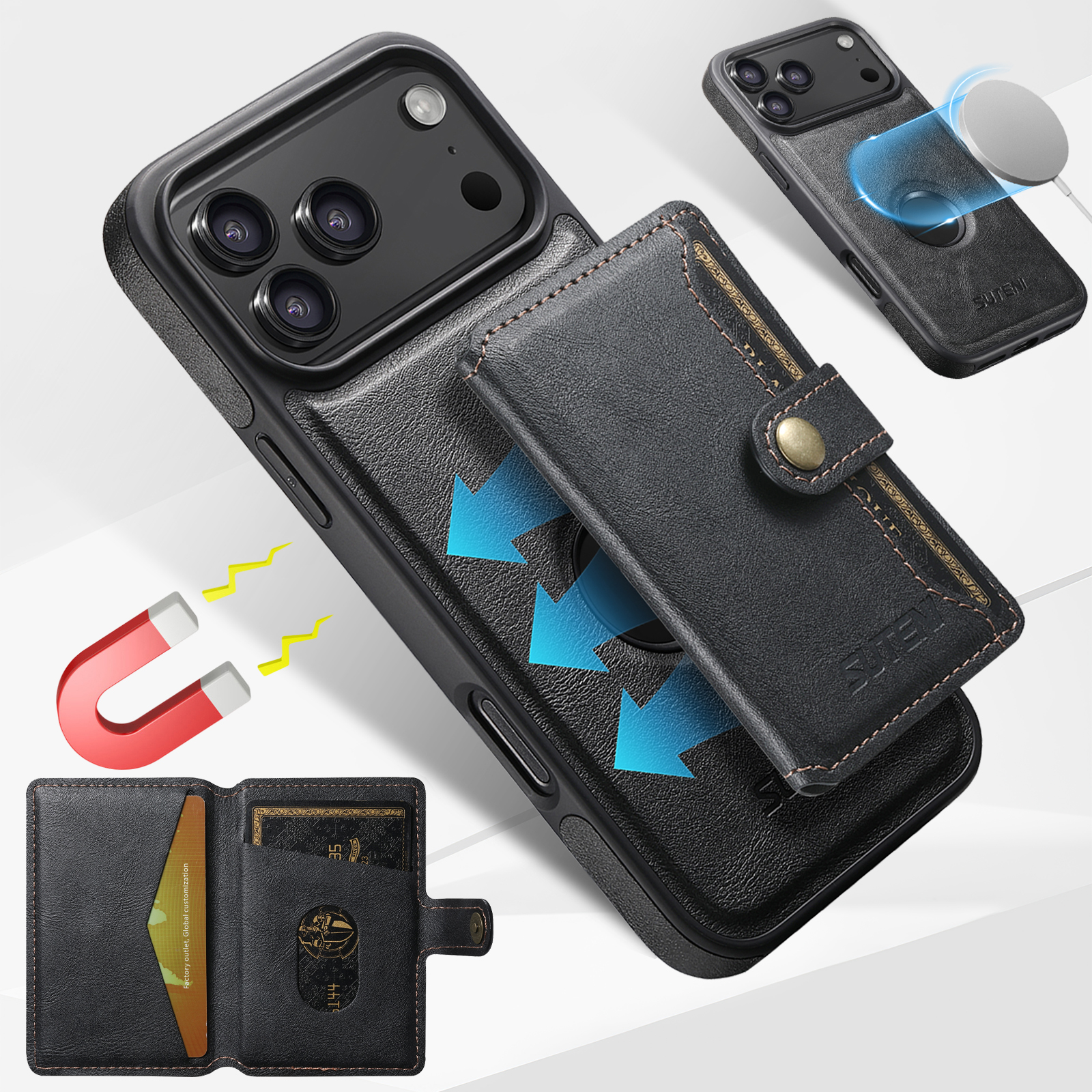 SUTENI M1 Wireless Charging Faux Leather Magnetic Button Card Holder Stand Phone Case Smooth Surface 2-in-1 Wallet For iPhone 17 Pro Max 16 Plus 15 14 13 12