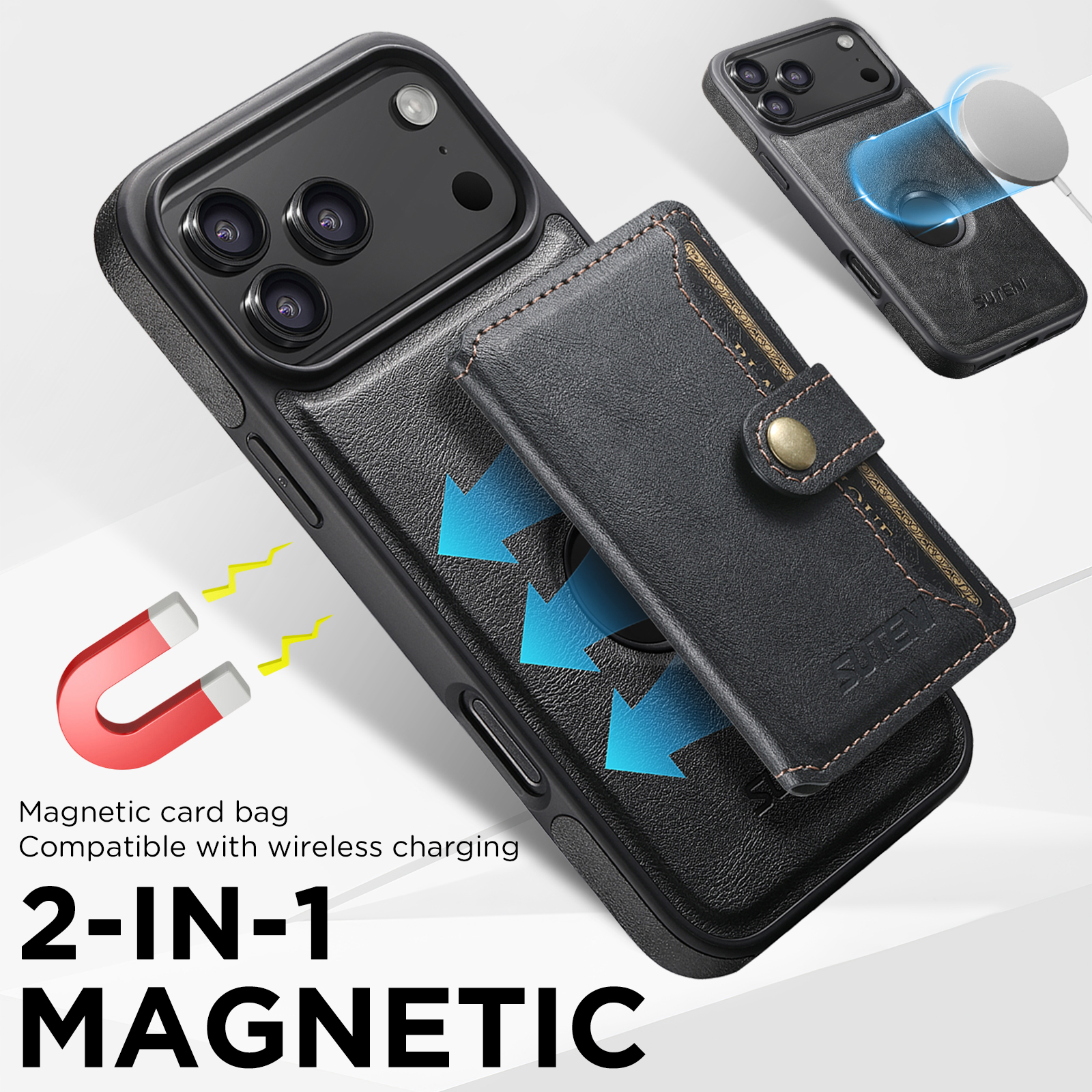 SUTENI M1 Wireless Charging Faux Leather Magnetic Button Card Holder Stand Phone Case Smooth Surface 2-in-1 Wallet For iPhone 17 Pro Max 16 Plus 15 14 13 12