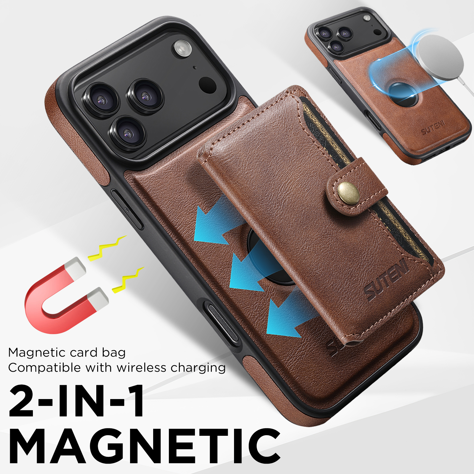 SUTENI M1 Wireless Charging Faux Leather Magnetic Button Card Holder Stand Phone Case Smooth Surface 2-in-1 Wallet For iPhone 17 Pro Max 16 Plus 15 14 13 12